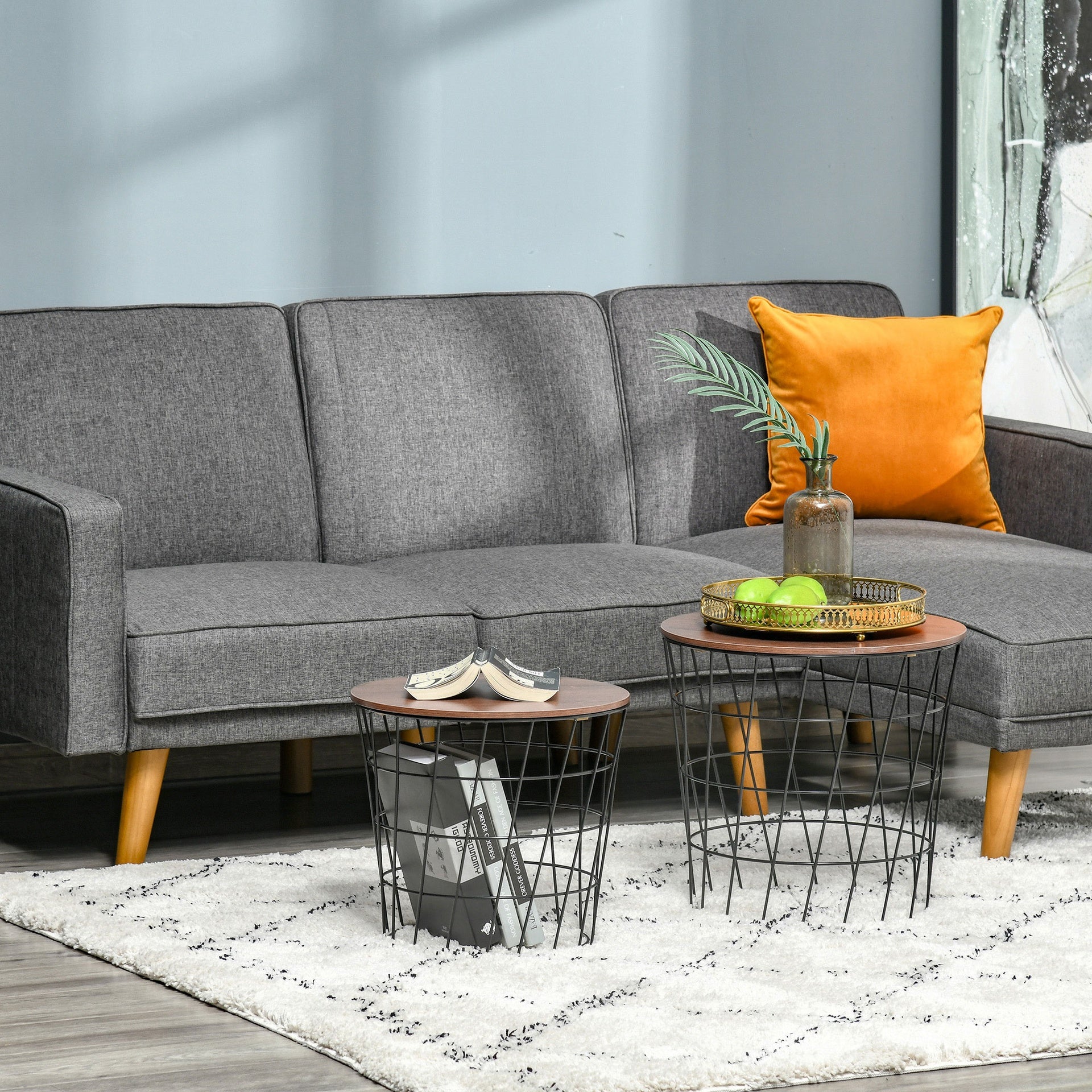 HOMCOM End Tables Set of 2, Nesting Tables with Storage, Round Accent Side Tables with Removable Top for Living Room,  Black/ Brown