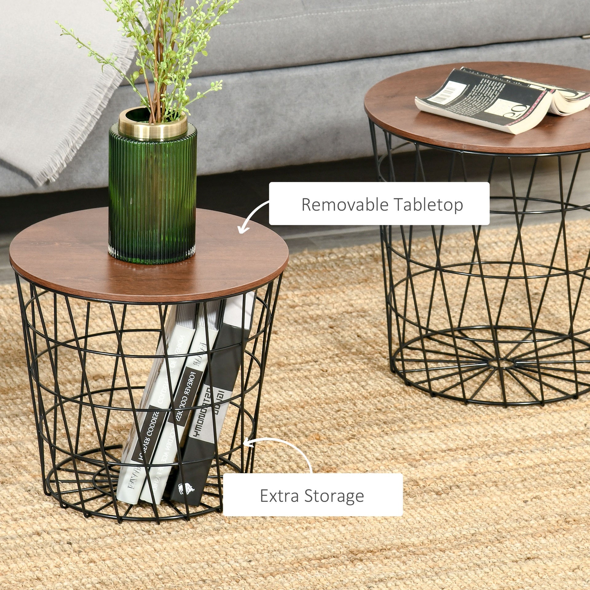 HOMCOM End Tables Set of 2, Nesting Tables with Storage, Round Accent Side Tables with Removable Top for Living Room,  Black/ Brown