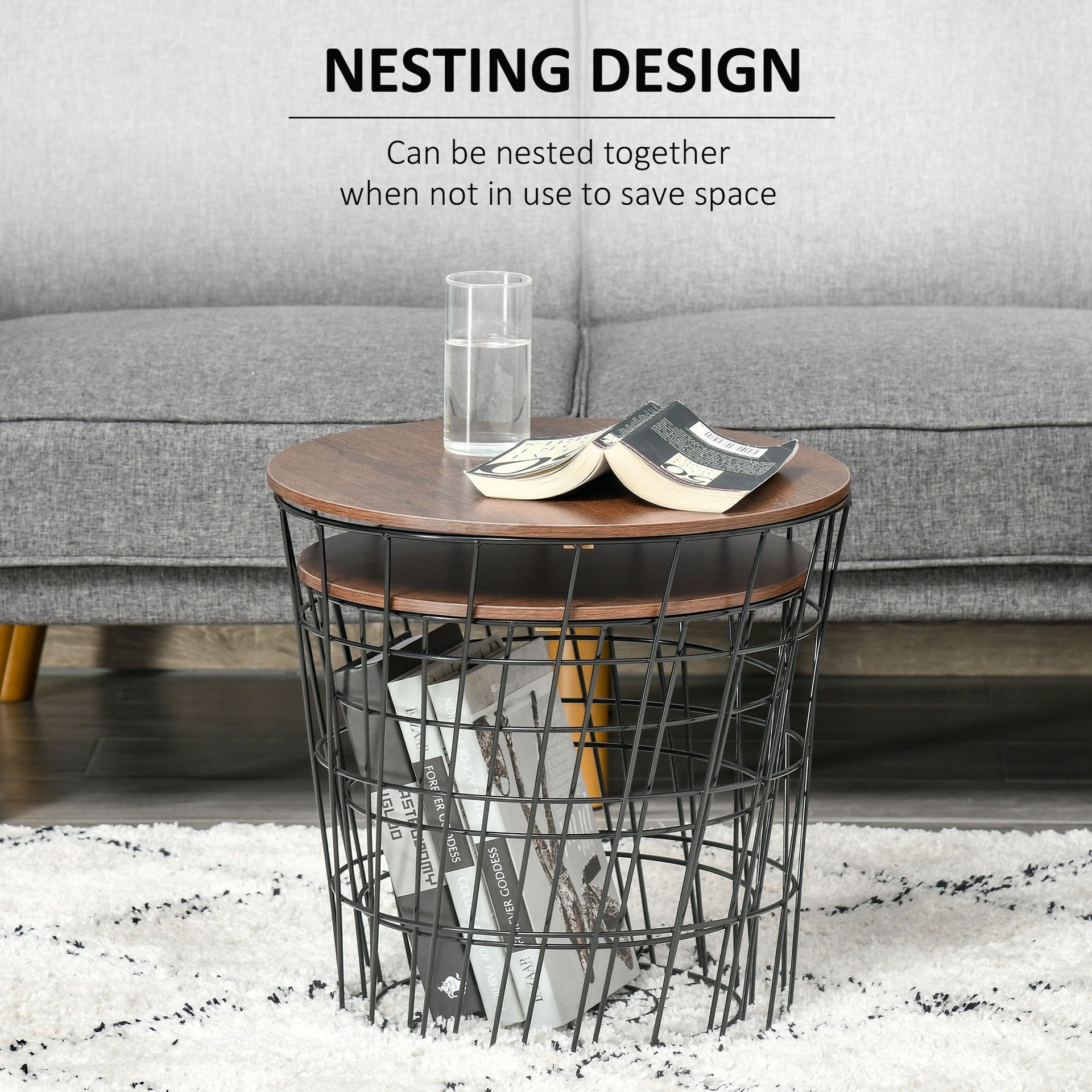 HOMCOM End Tables Set of 2, Nesting Tables with Storage, Round Accent Side Tables with Removable Top for Living Room,  Black/ Brown