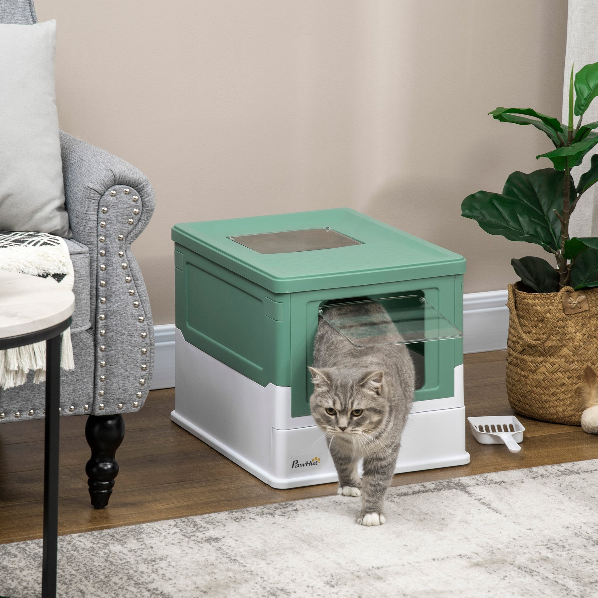 PawHut Fully Enclosed Cat Litter Box with Front Entry and Top Exit, Plastic, Green & White