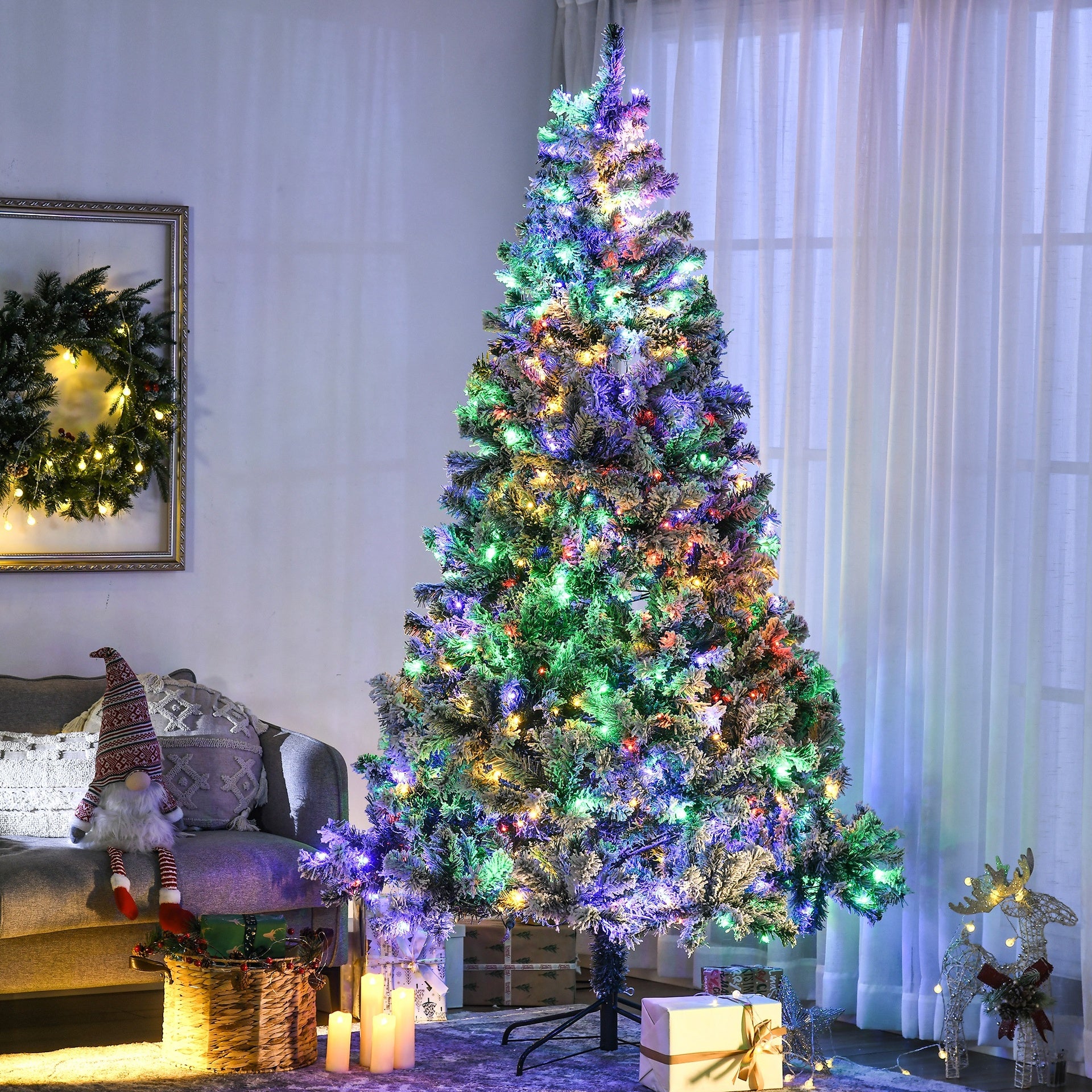 HOMCOM 7.5' Artificial Snow Christmas Trees with Frosted Branches, Warm White or Colorful LED Lights, Steel Base