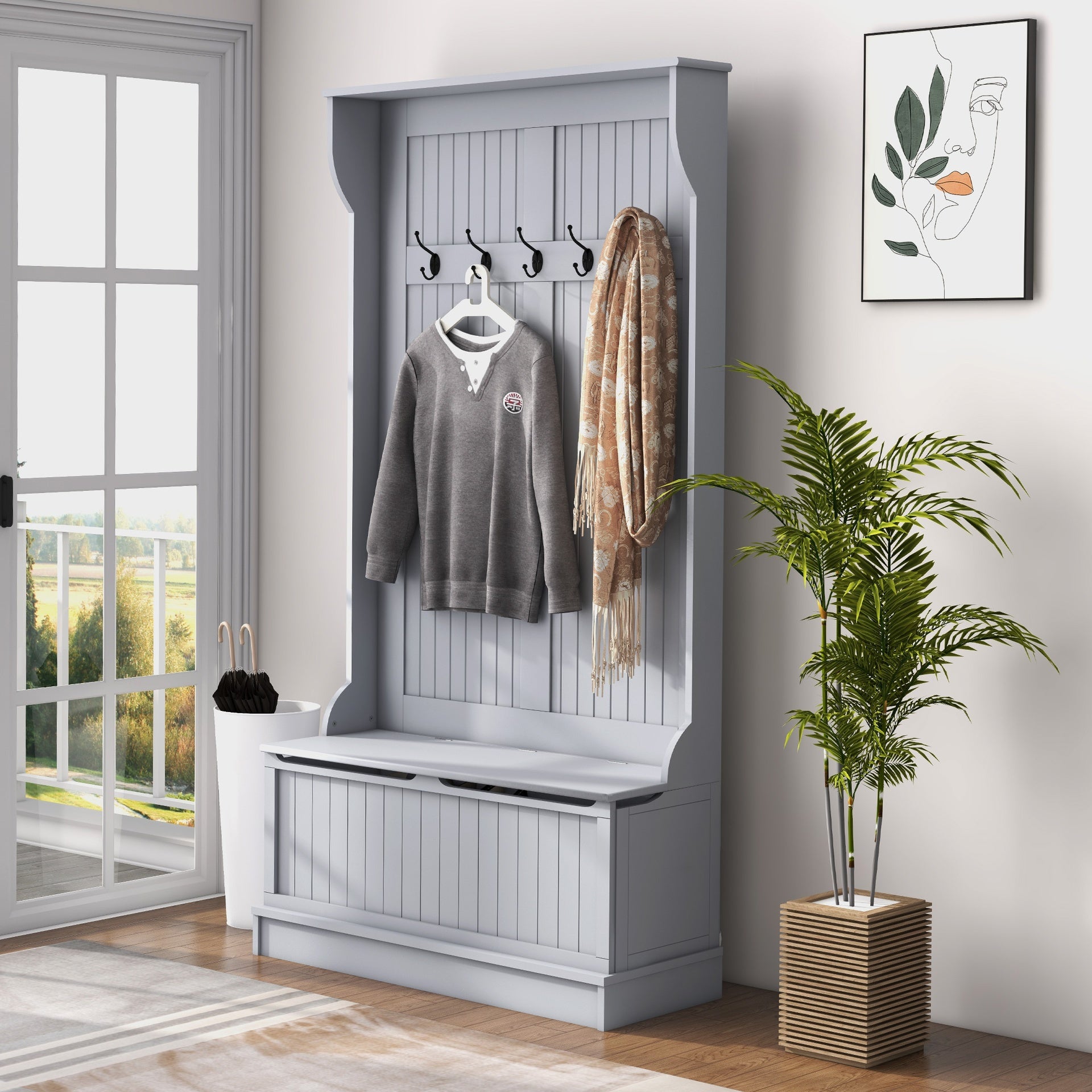 HOMCOM 3-In-1 Entryway Bench with Coat Rack, Hall Tree with Bench and Shoe Storage, 5 Hooks for Hallway