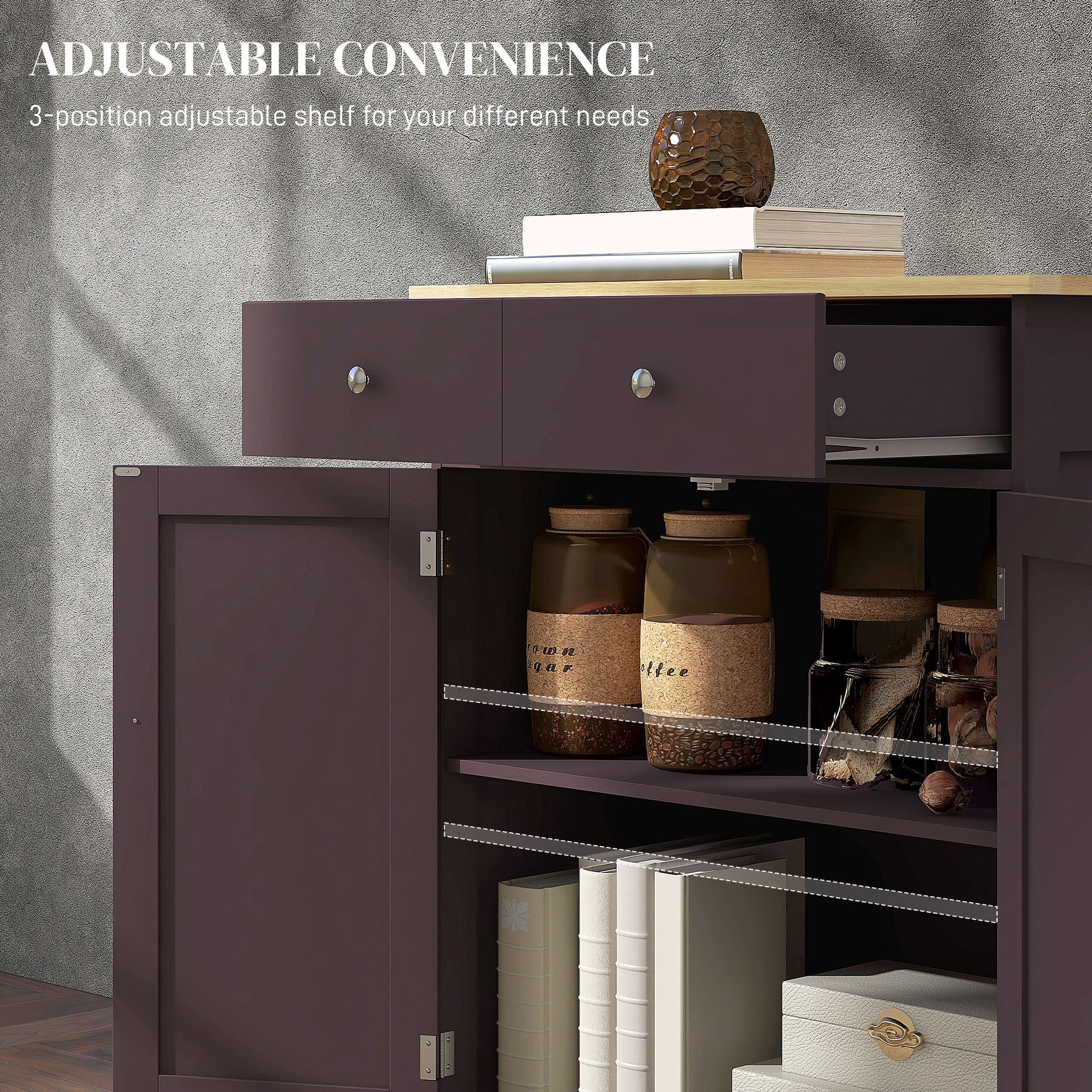 HOMCOM Kitchen Storage Cabinet, Sideboard Floor Cupboard with Solid Wood Top, Adjustable Shelf, and 2 Drawers, Coffee