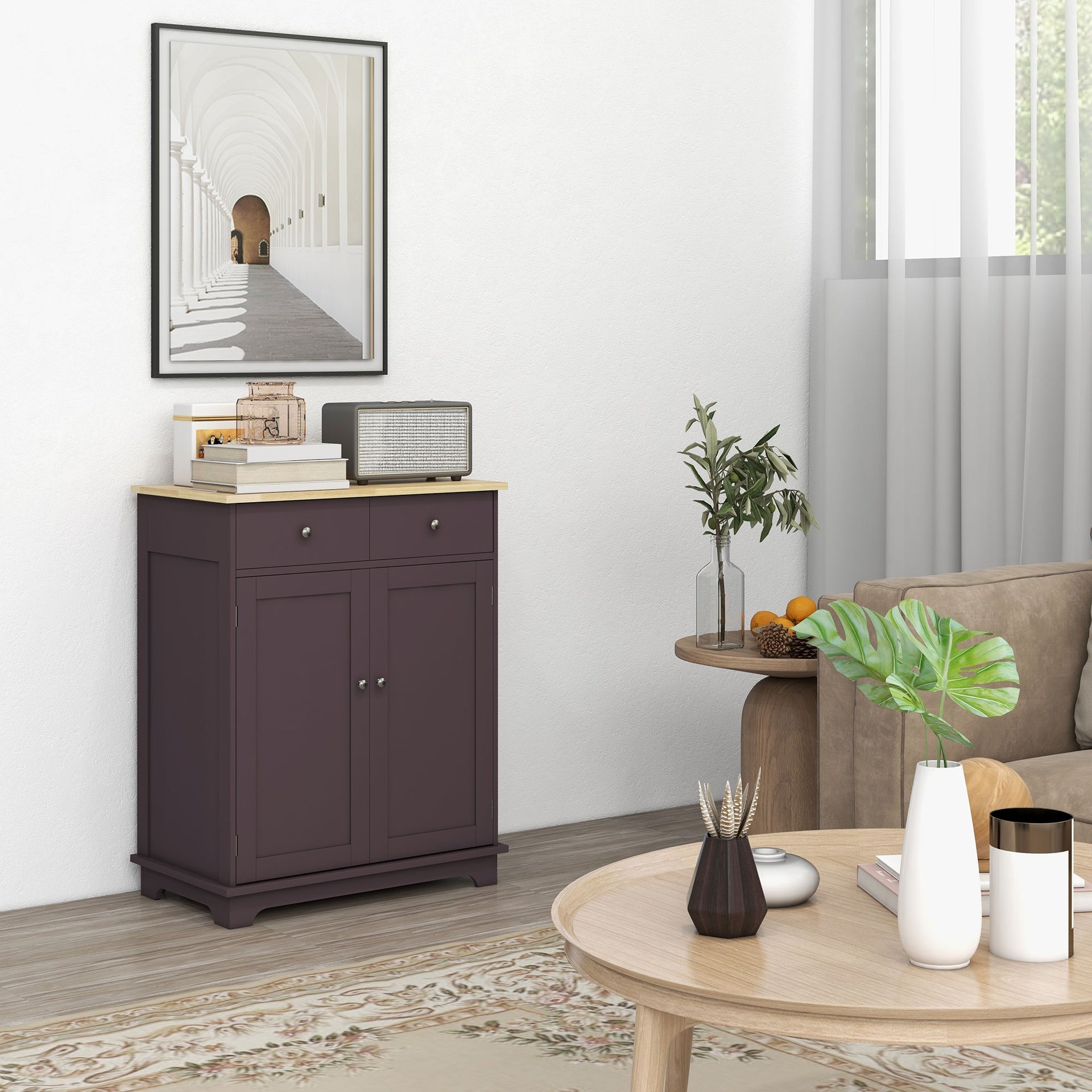 HOMCOM Kitchen Storage Cabinet, Sideboard Floor Cupboard with Solid Wood Top, Adjustable Shelf, and 2 Drawers, Coffee