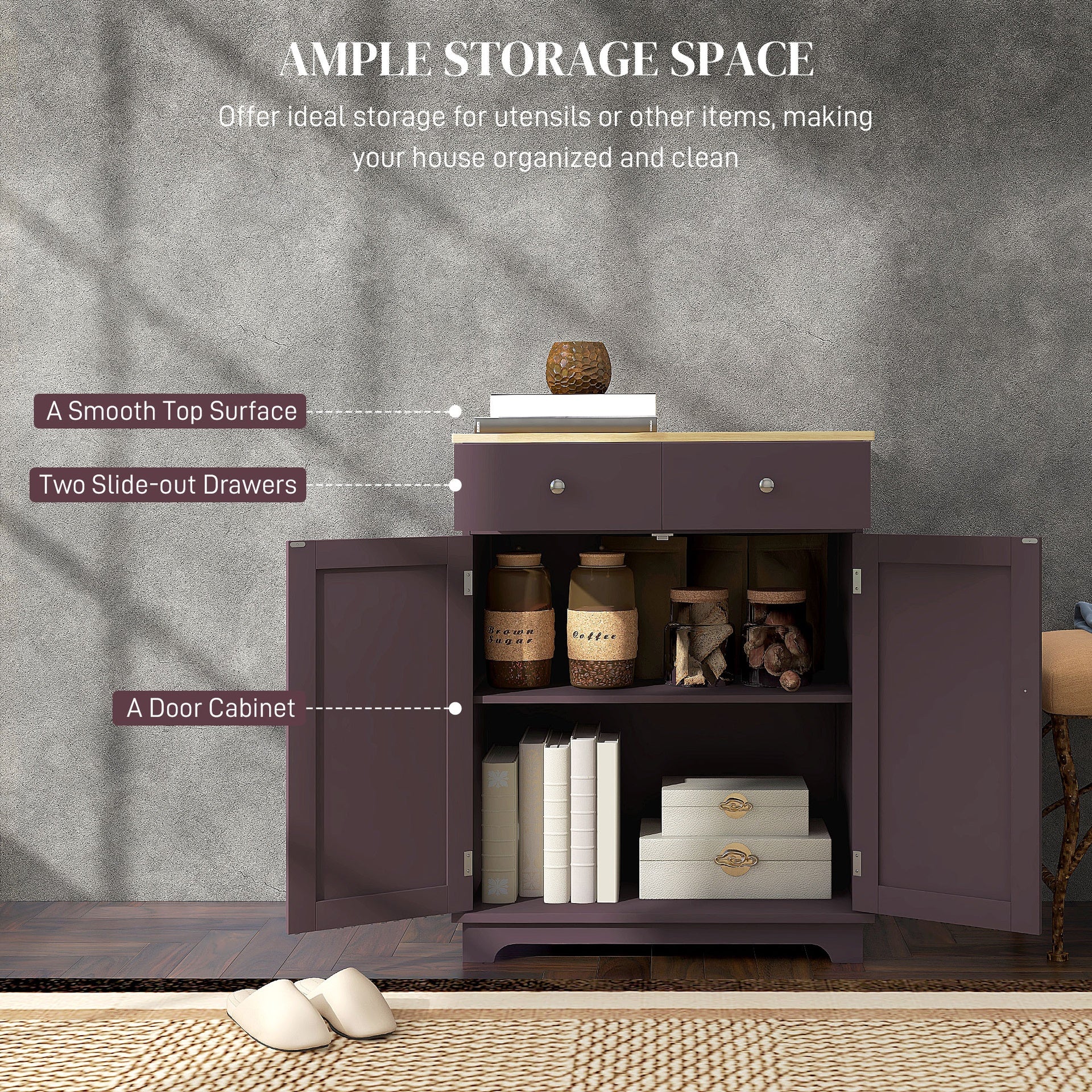 HOMCOM Kitchen Storage Cabinet, Sideboard Floor Cupboard with Solid Wood Top, Adjustable Shelf, and 2 Drawers, Coffee