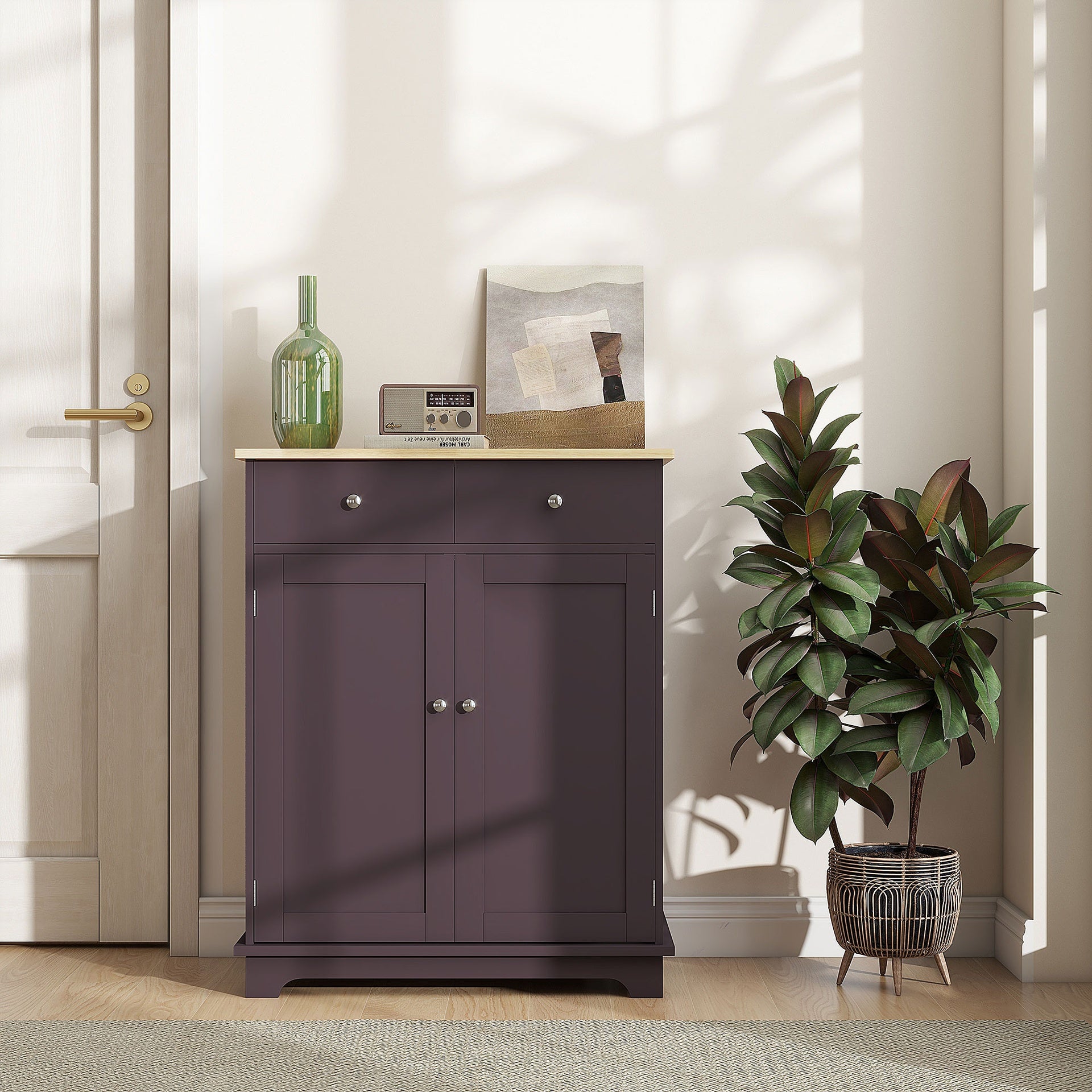 HOMCOM Kitchen Storage Cabinet, Sideboard Floor Cupboard with Solid Wood Top, Adjustable Shelf, and 2 Drawers, Coffee