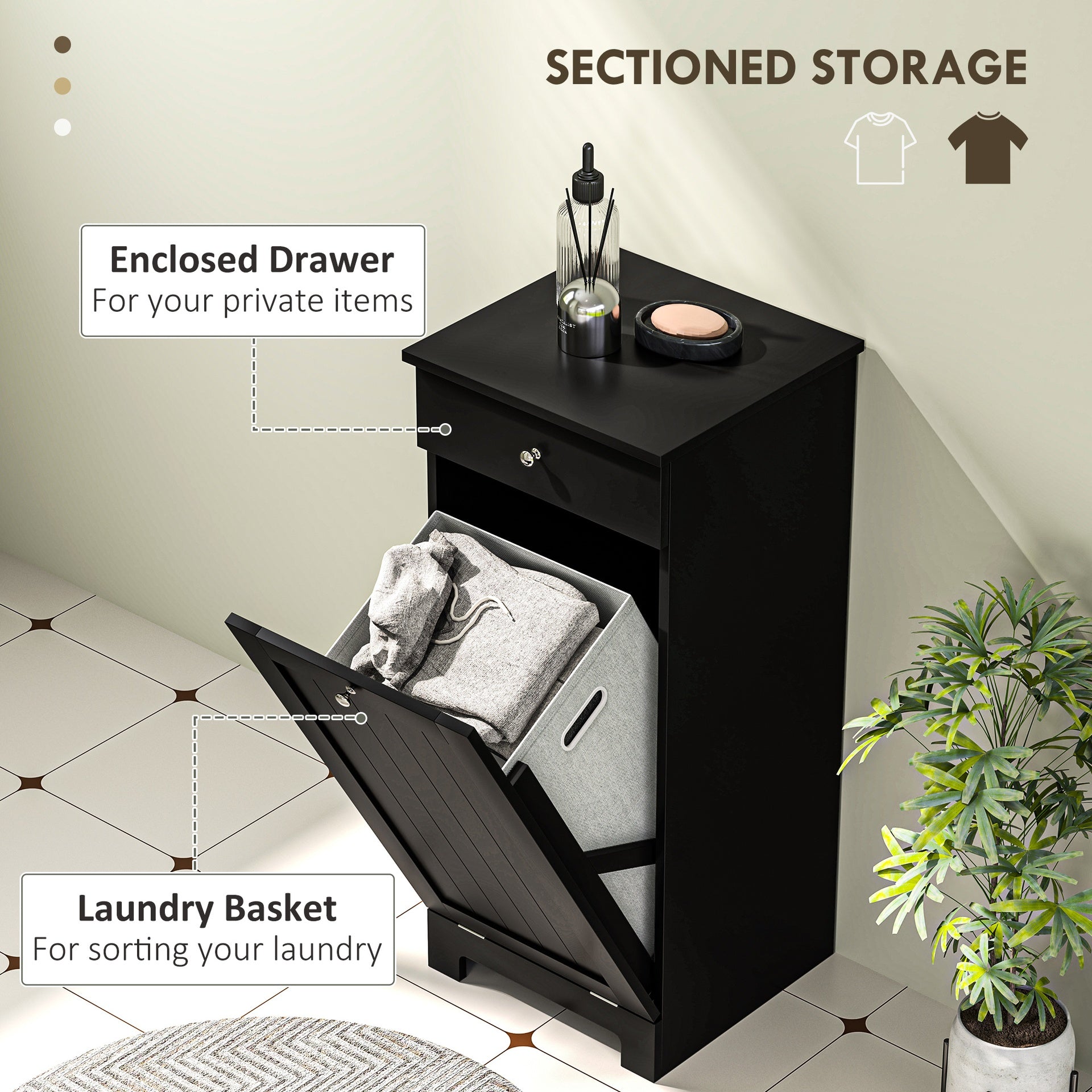 HOMCOM Laundry Hamper Cabinet, Laundry Cabinet with Tilt Out Laundry Basket and Drawer, Black