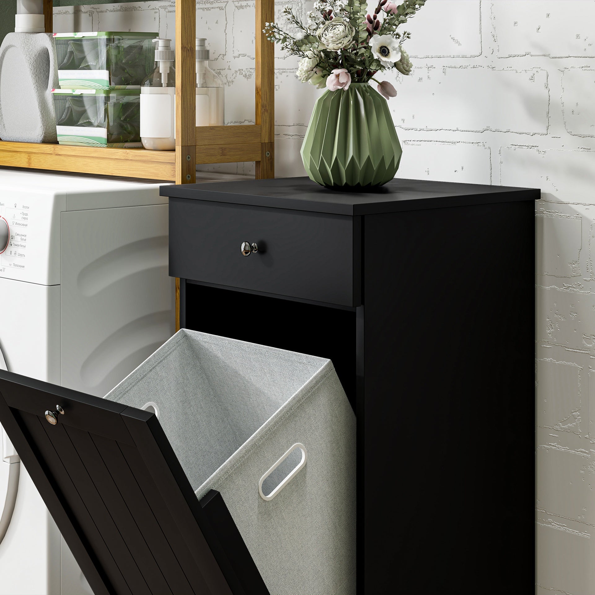 HOMCOM Laundry Hamper Cabinet, Laundry Cabinet with Tilt Out Laundry Basket and Drawer, Black