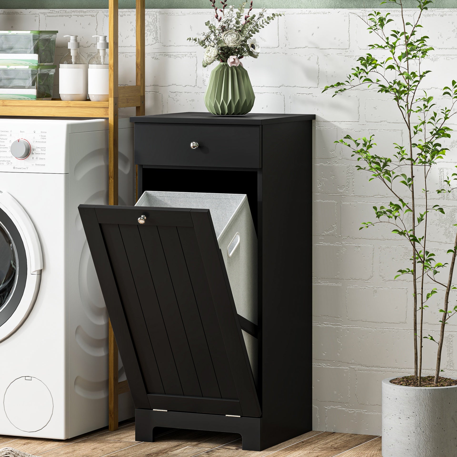 HOMCOM Laundry Hamper Cabinet, Laundry Cabinet with Tilt Out Laundry Basket and Drawer, Black