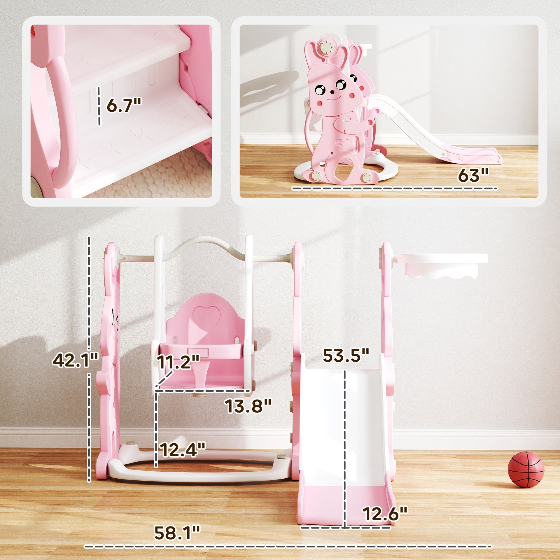 Qaba 4 in 1 Toddler Slide and Swing Set with Climber, Basketball Hoop, Rabbit Themed Kids Playset for Ages 1.5-4, Pink