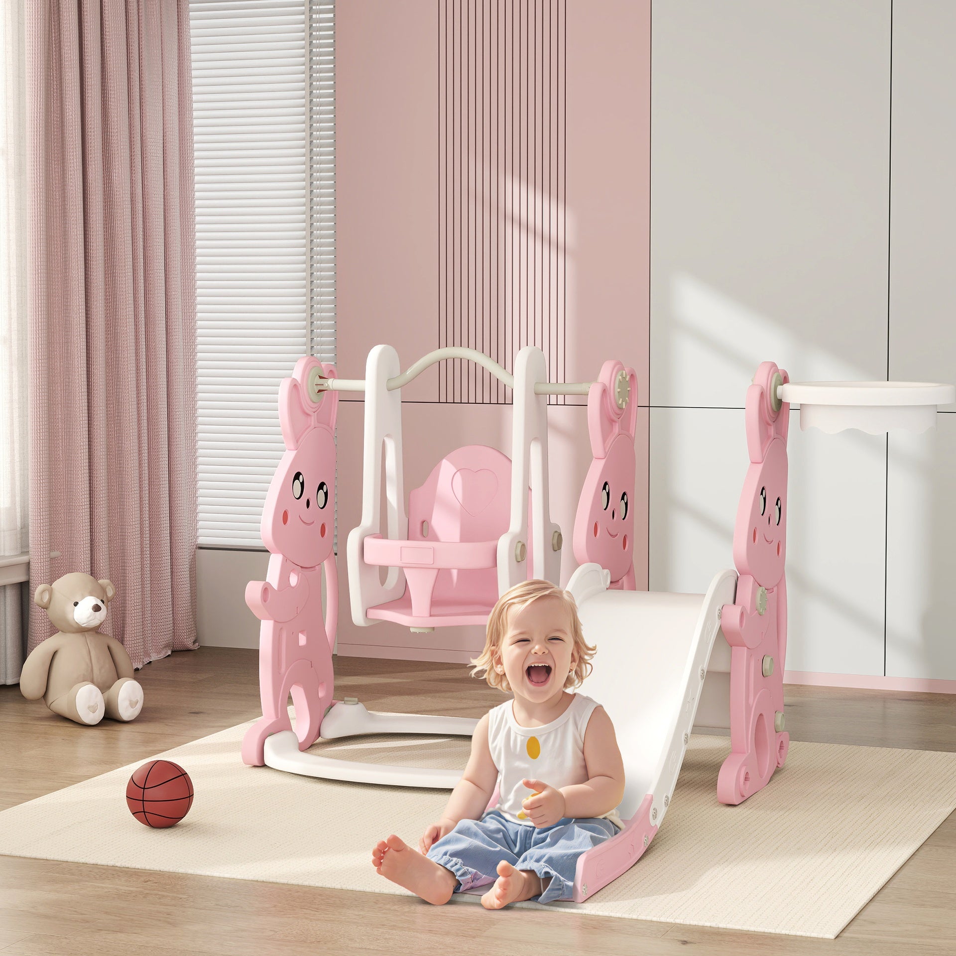 Qaba 4 in 1 Toddler Slide and Swing Set with Climber, Basketball Hoop, Rabbit Themed Kids Playset for Ages 1.5-4, Pink