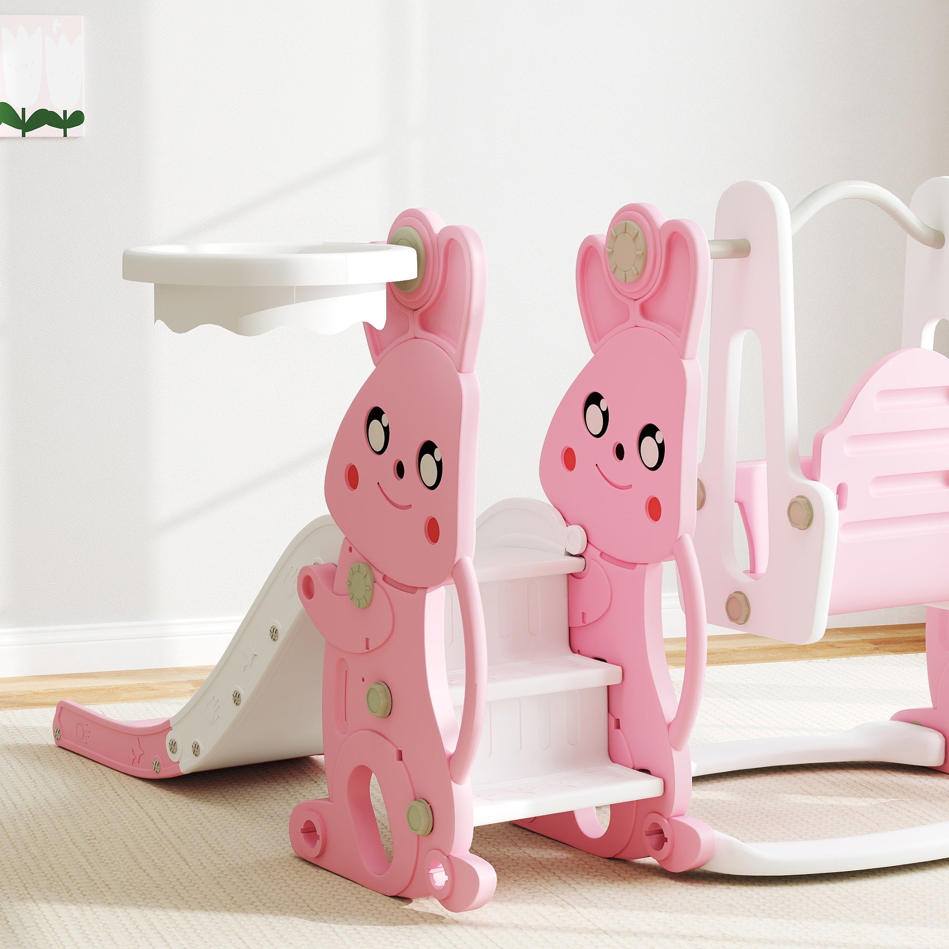 Qaba 4 in 1 Toddler Slide and Swing Set with Climber, Basketball Hoop, Rabbit Themed Kids Playset for Ages 1.5-4, Pink