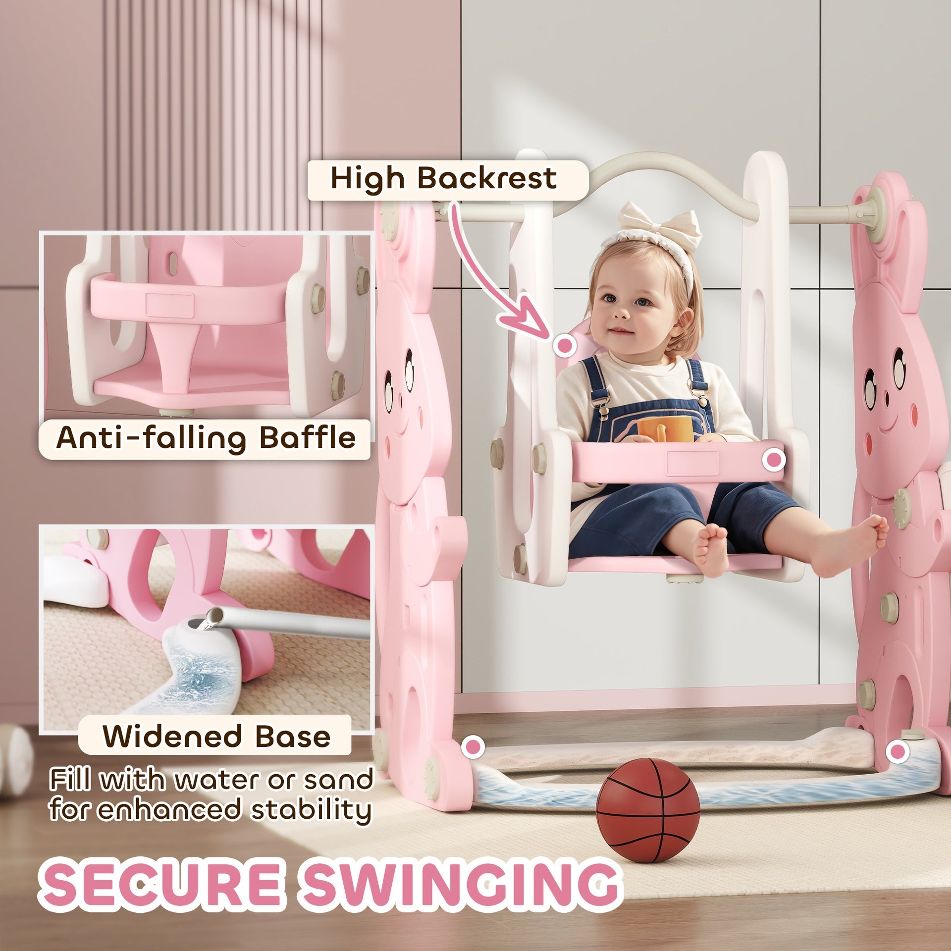 Qaba 4 in 1 Toddler Slide and Swing Set with Climber, Basketball Hoop, Rabbit Themed Kids Playset for Ages 1.5-4, Pink