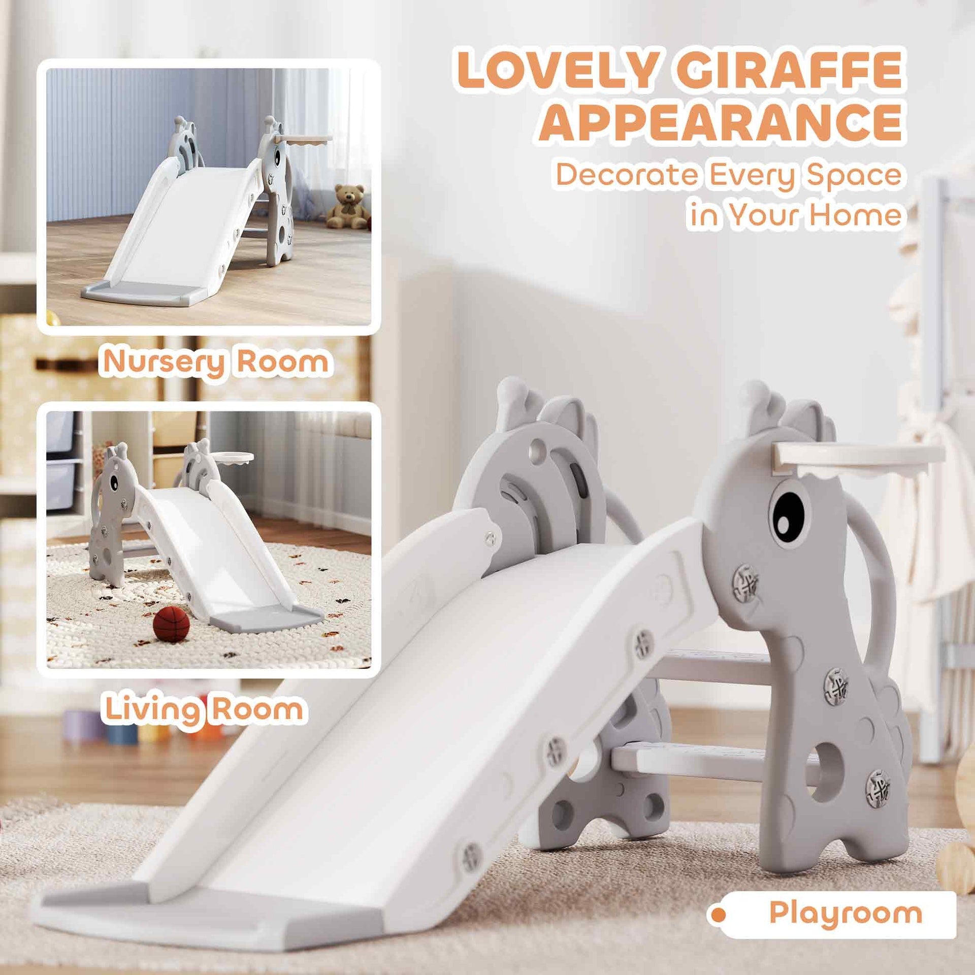 Qaba 3-in-1 Toddler Slide for Age 1-3, Freestanding Kids Slide with Climber, Basketball Hoop and Ball, Giraffe Design, Gray