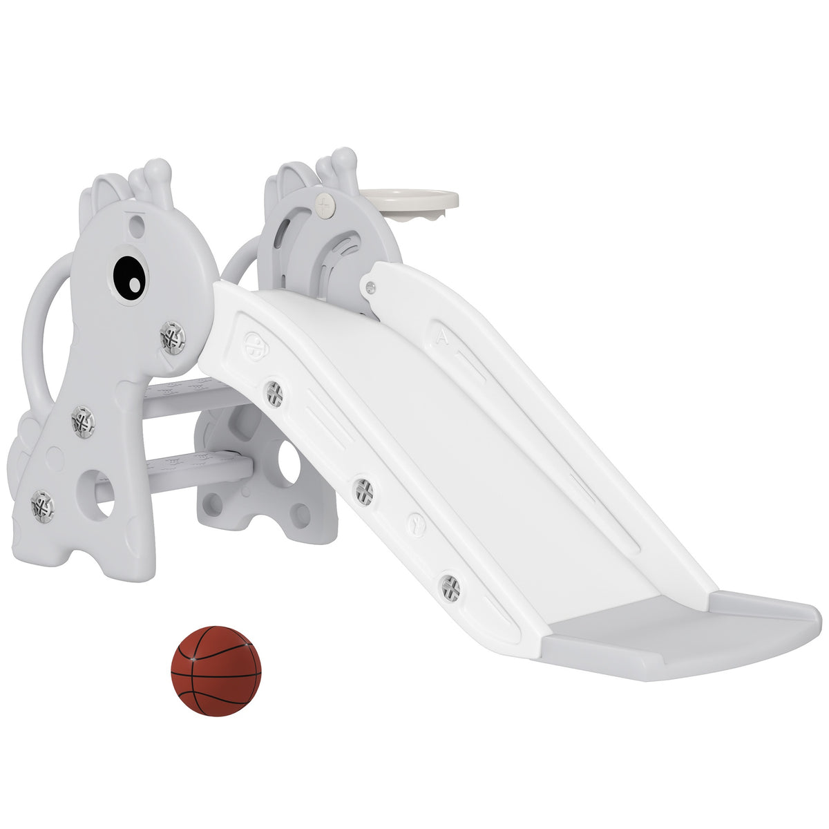 Qaba 3-in-1 Toddler Slide for Age 1-3, Freestanding Kids Slide with Climber, Basketball Hoop and Ball, Giraffe Design, Gray
