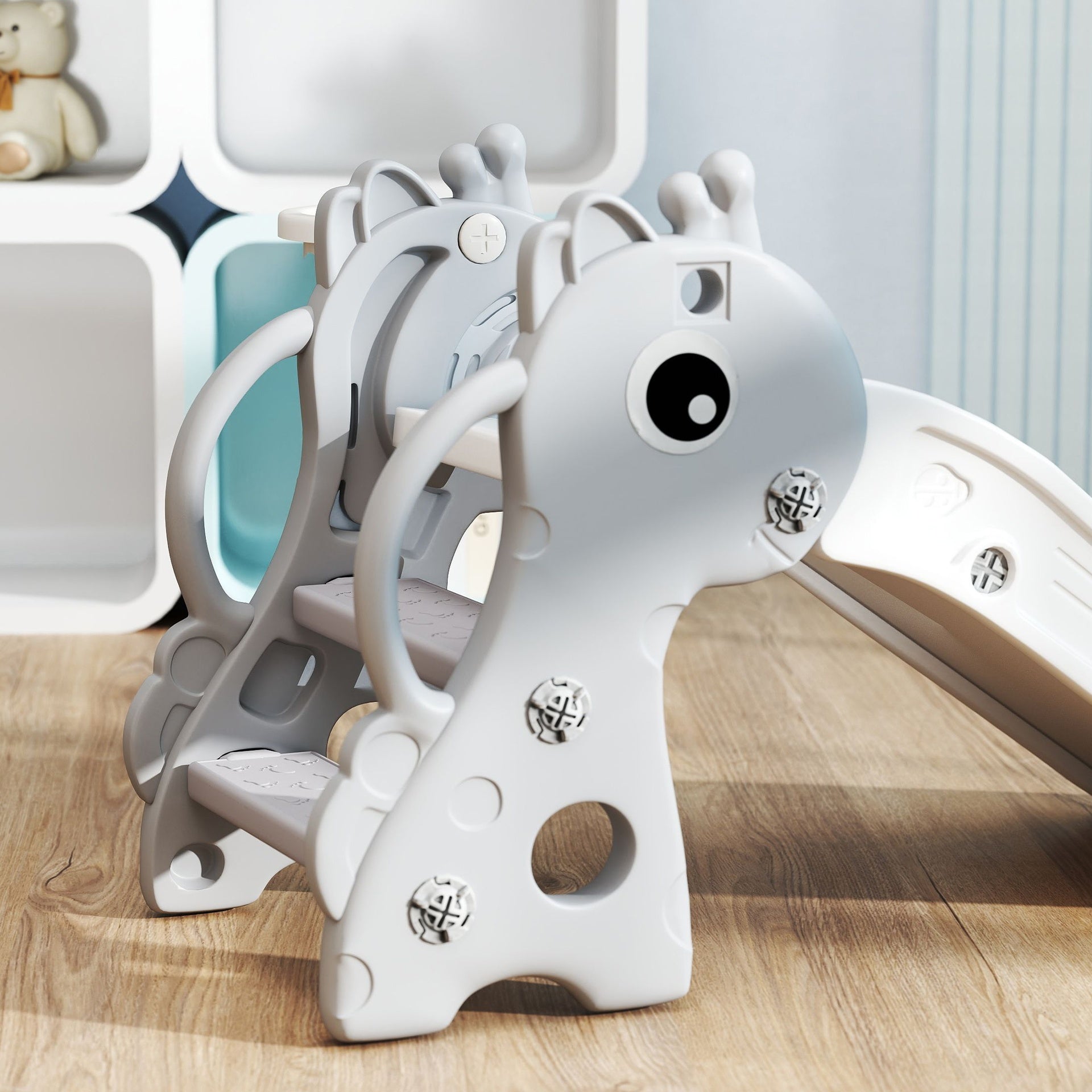 Qaba 3-in-1 Toddler Slide for Age 1-3, Freestanding Kids Slide with Climber, Basketball Hoop and Ball, Giraffe Design, Gray
