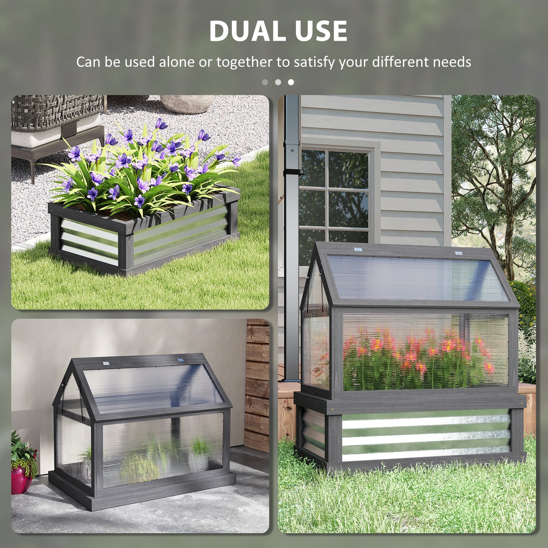 Outsunny Raised Garden Flower Bed Kit with Greenhouse, Wooden Cold Frame Planter, 35.5" x 22.5" x 38.25", Gray