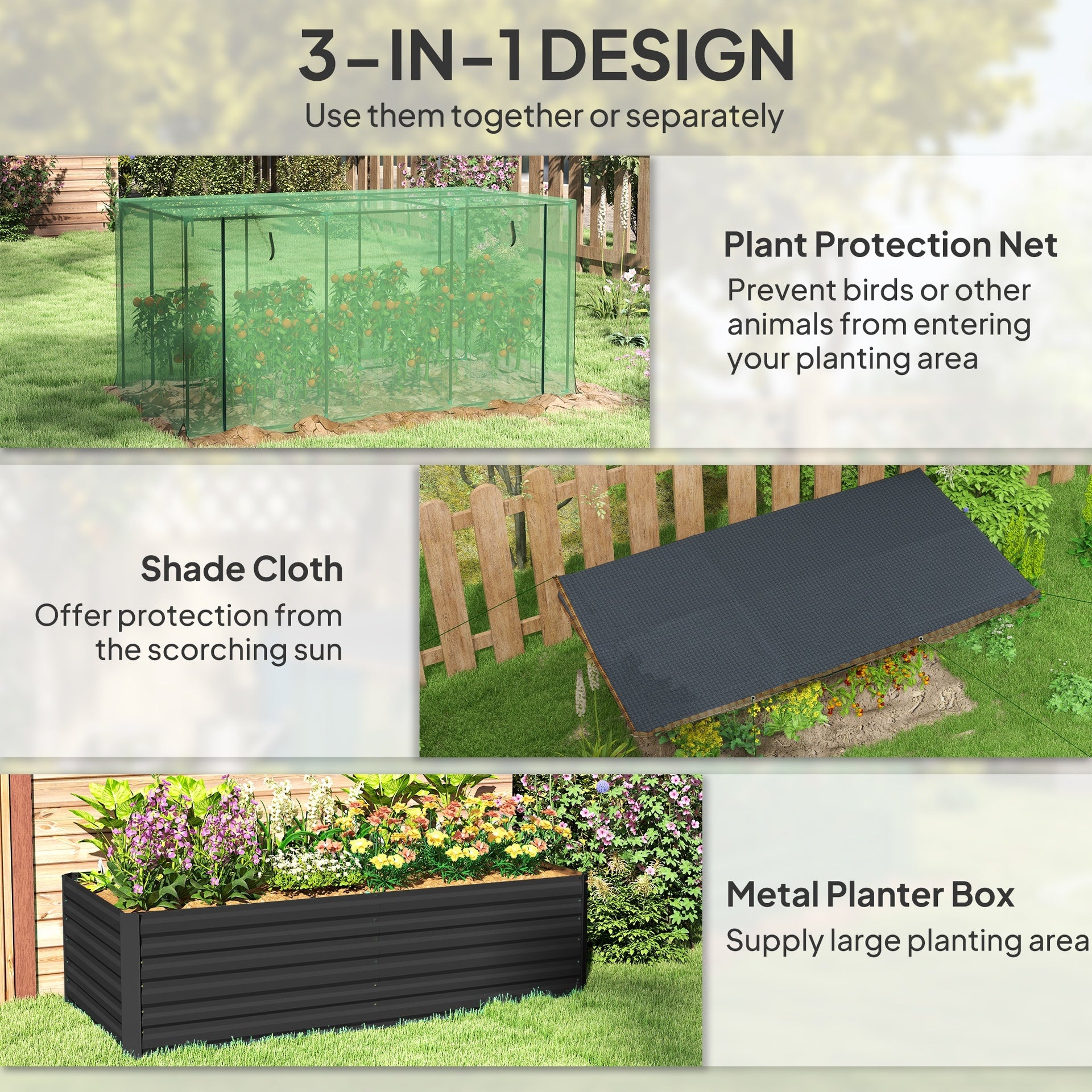 Outsunny Galvanized Steel Planter Box with Crop Cage and Shade Cloth, Raised Garden Bed for Flowers, Veggies and Herbs, Dark Gray