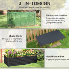 Outsunny Galvanized Steel Planter Box with Crop Cage and Shade Cloth, Raised Garden Bed for Flowers, Veggies and Herbs, Dark Gray