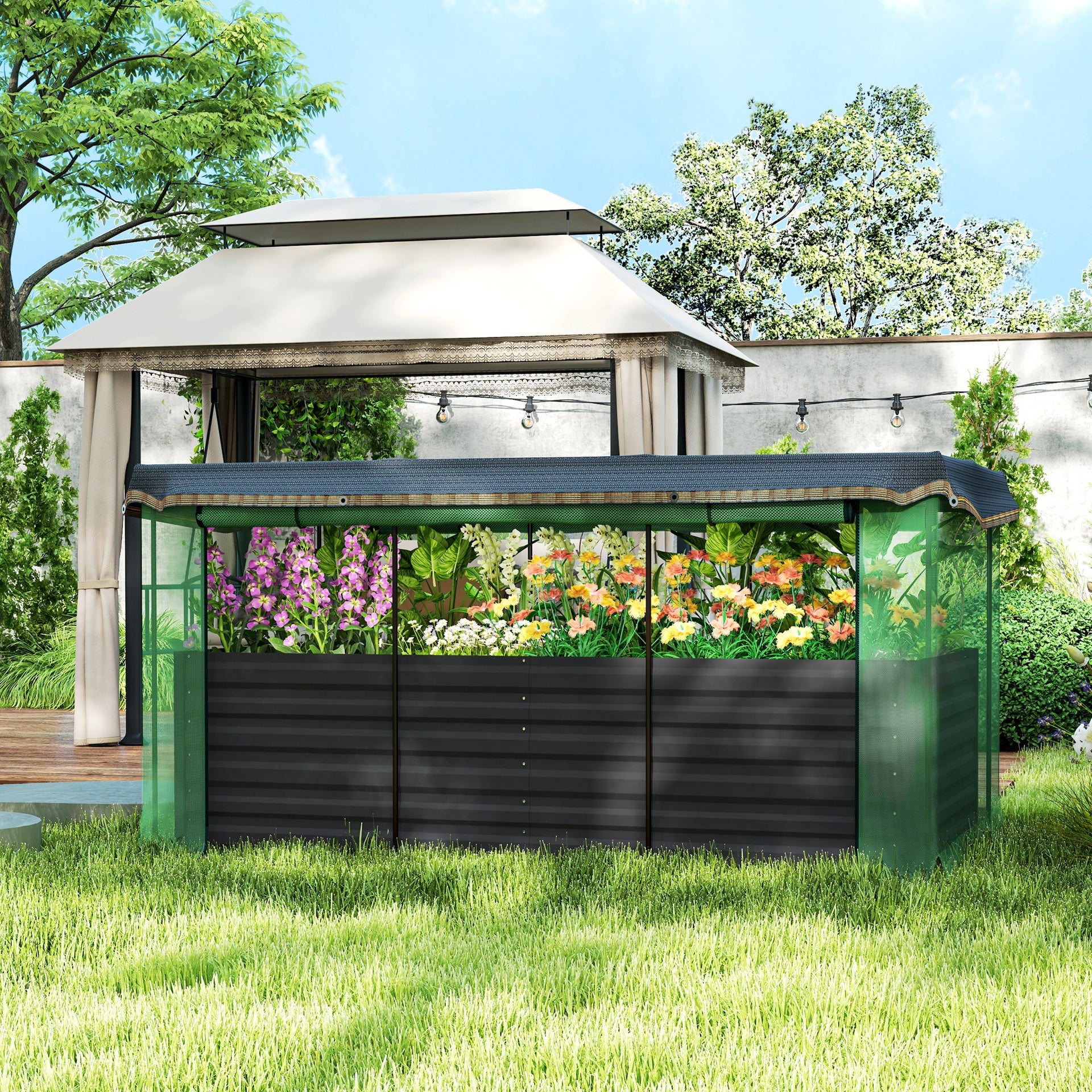 Outsunny Galvanized Steel Planter Box with Crop Cage and Shade Cloth, Raised Garden Bed for Flowers, Veggies and Herbs, Dark Gray