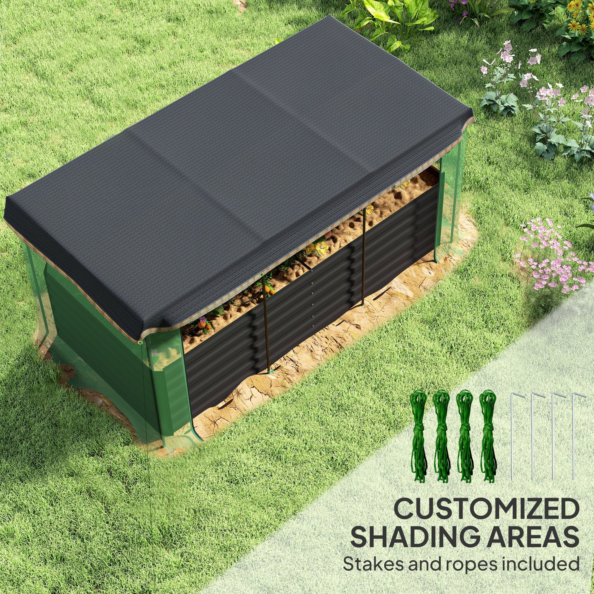 Outsunny Galvanized Steel Planter Box with Crop Cage and Shade Cloth, Raised Garden Bed for Flowers, Veggies and Herbs, Dark Gray