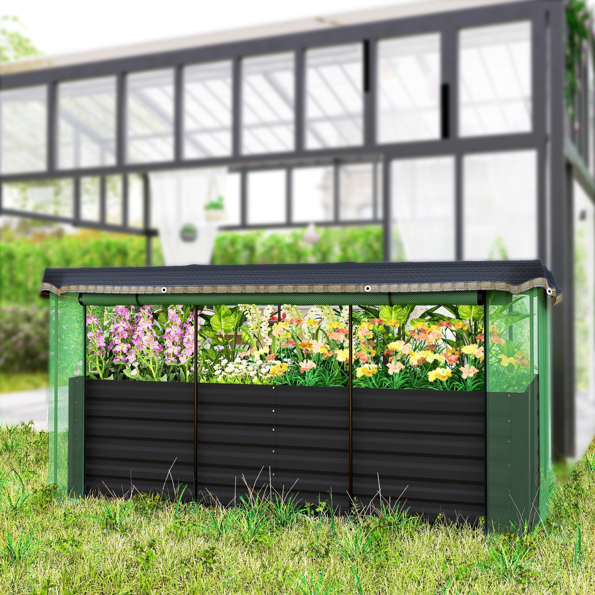 Outsunny Galvanized Steel Planter Box with Crop Cage and Shade Cloth, Raised Garden Bed for Flowers, Veggies and Herbs, Dark Gray