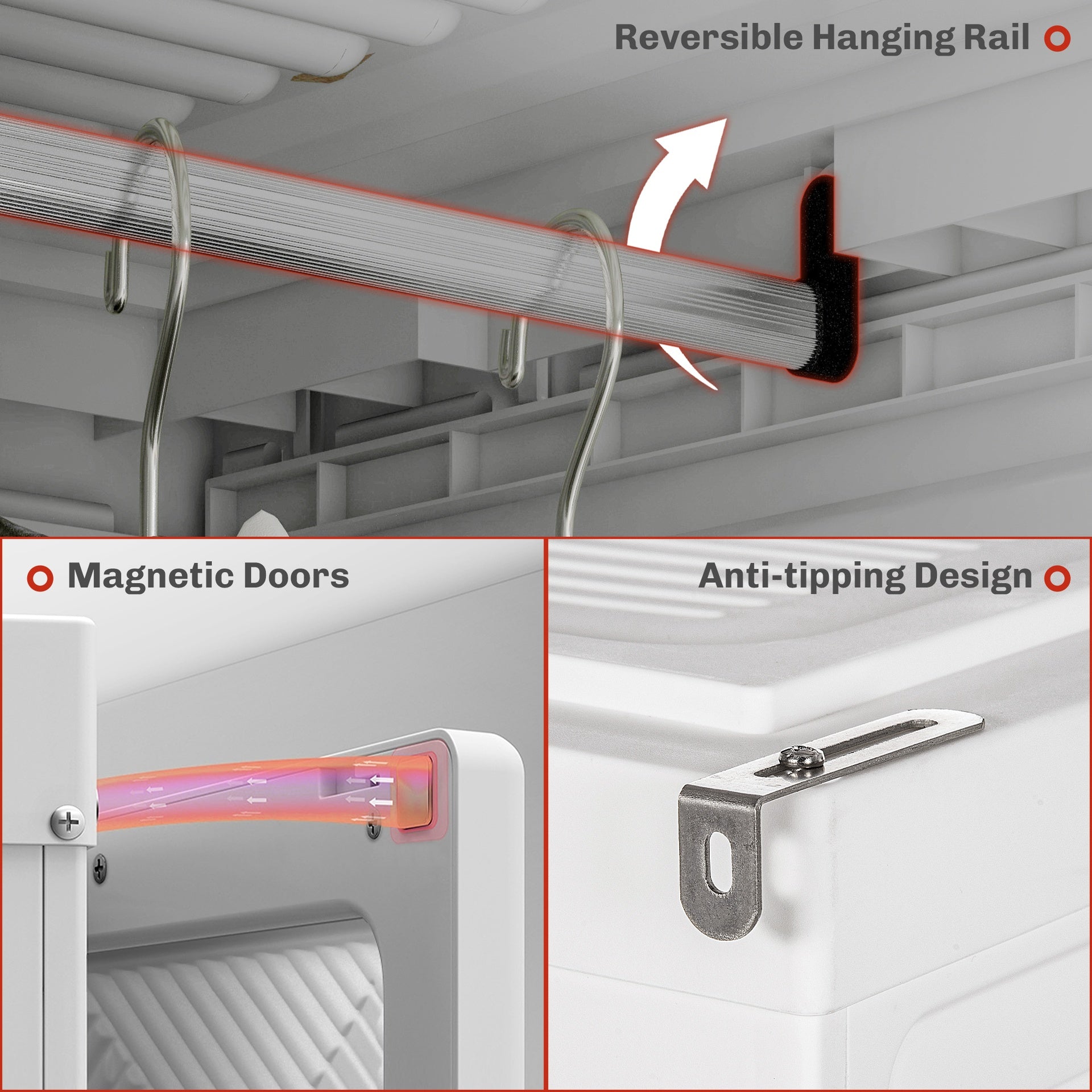 HOMCOM Portable Wardrobe, Foldable Clothes Storage Organizer with 3 Compartments, Hanging Rod, Magnet Doors, White