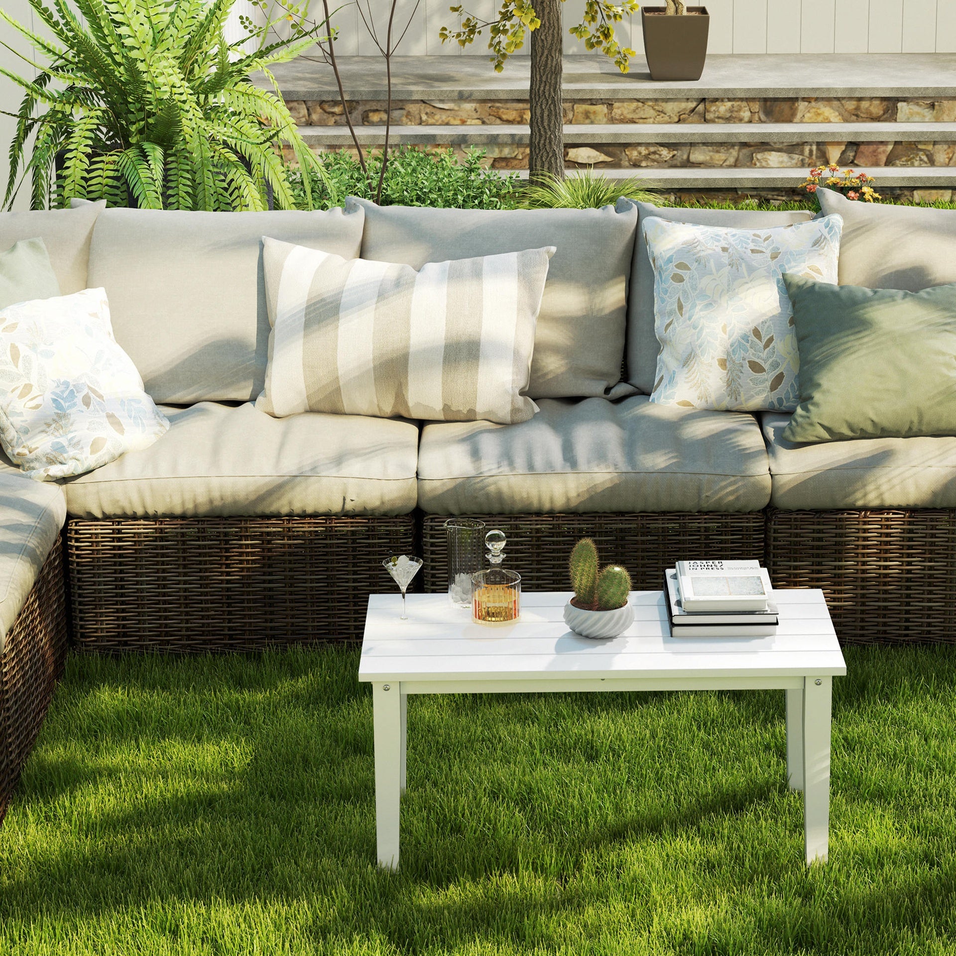 Outsunny Rectangle Outdoor Coffee Table, HDPE All-Weather Outdoor Patio Table with Slatted Tabletop for Yard, Balcony, White