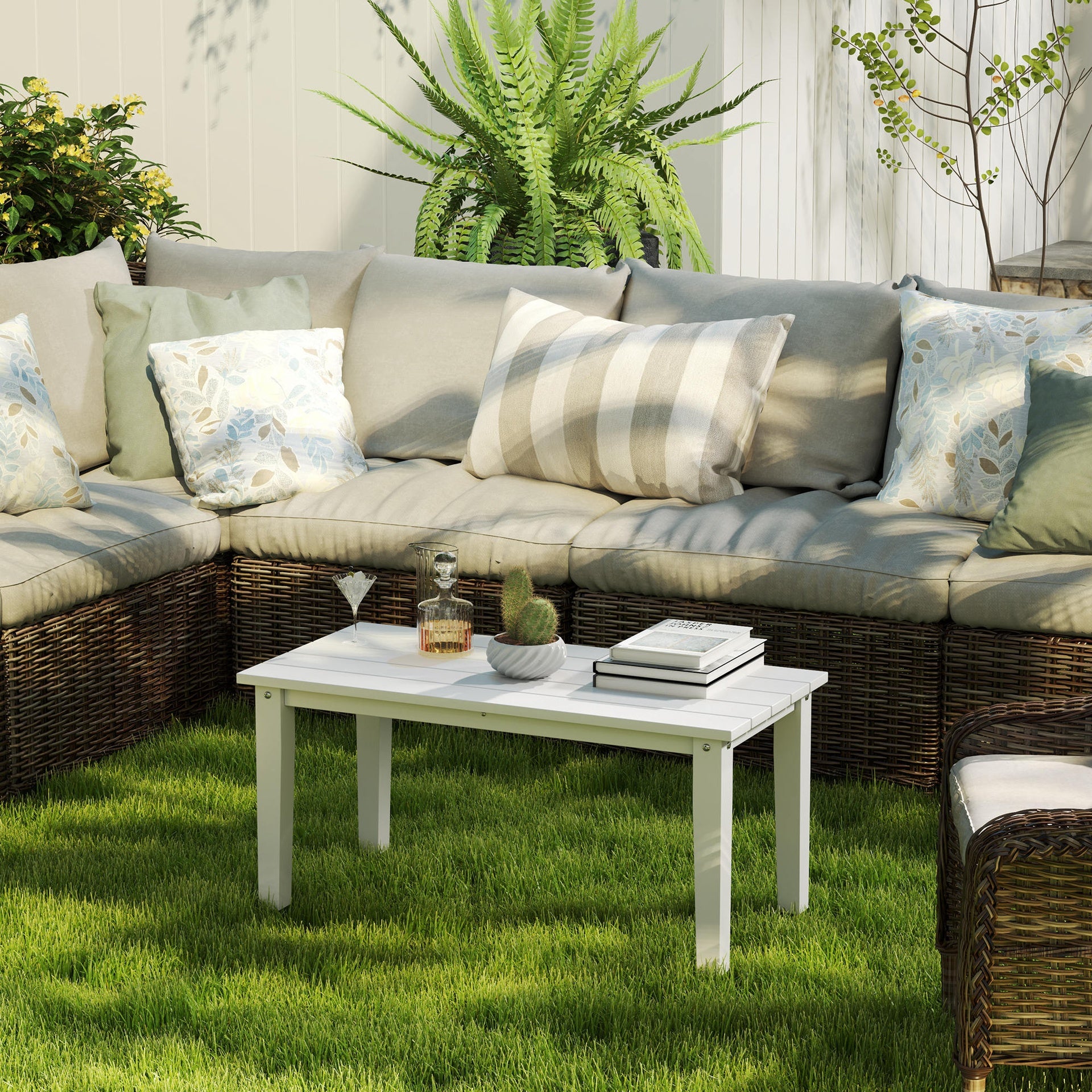 Outsunny Rectangle Outdoor Coffee Table, HDPE All-Weather Outdoor Patio Table with Slatted Tabletop for Yard, Balcony, White