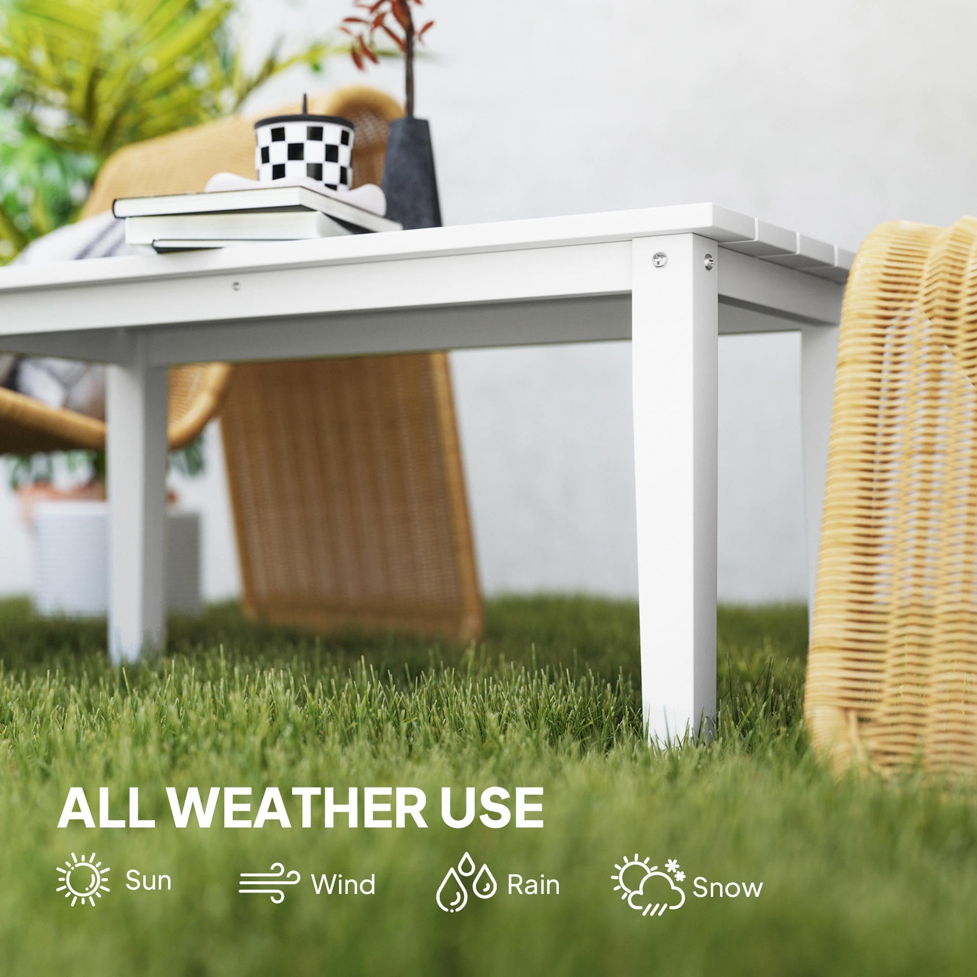 Outsunny Rectangle Outdoor Coffee Table, HDPE All-Weather Outdoor Patio Table with Slatted Tabletop for Yard, Balcony, White