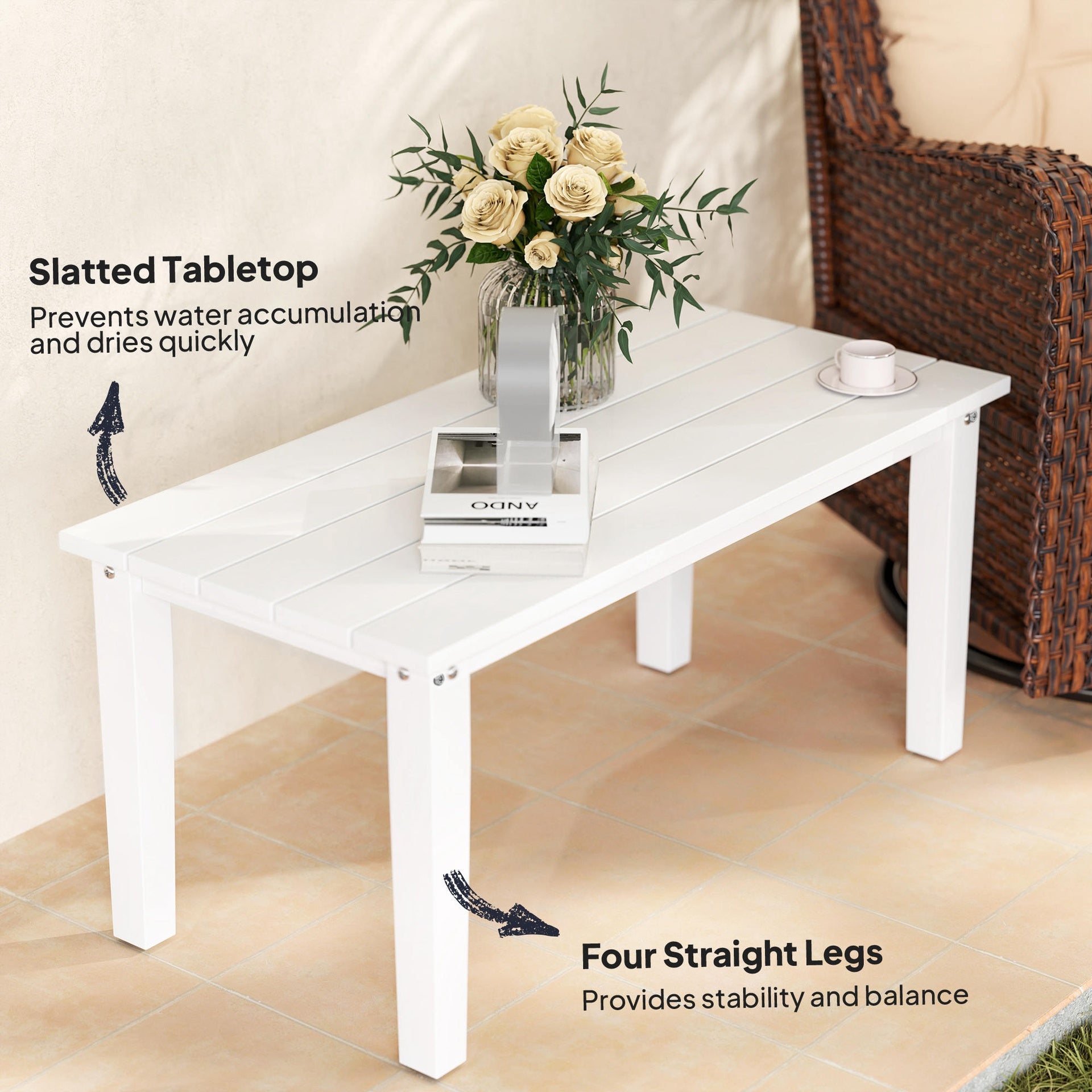 Outsunny Rectangle Outdoor Coffee Table, HDPE All-Weather Outdoor Patio Table with Slatted Tabletop for Yard, Balcony, White