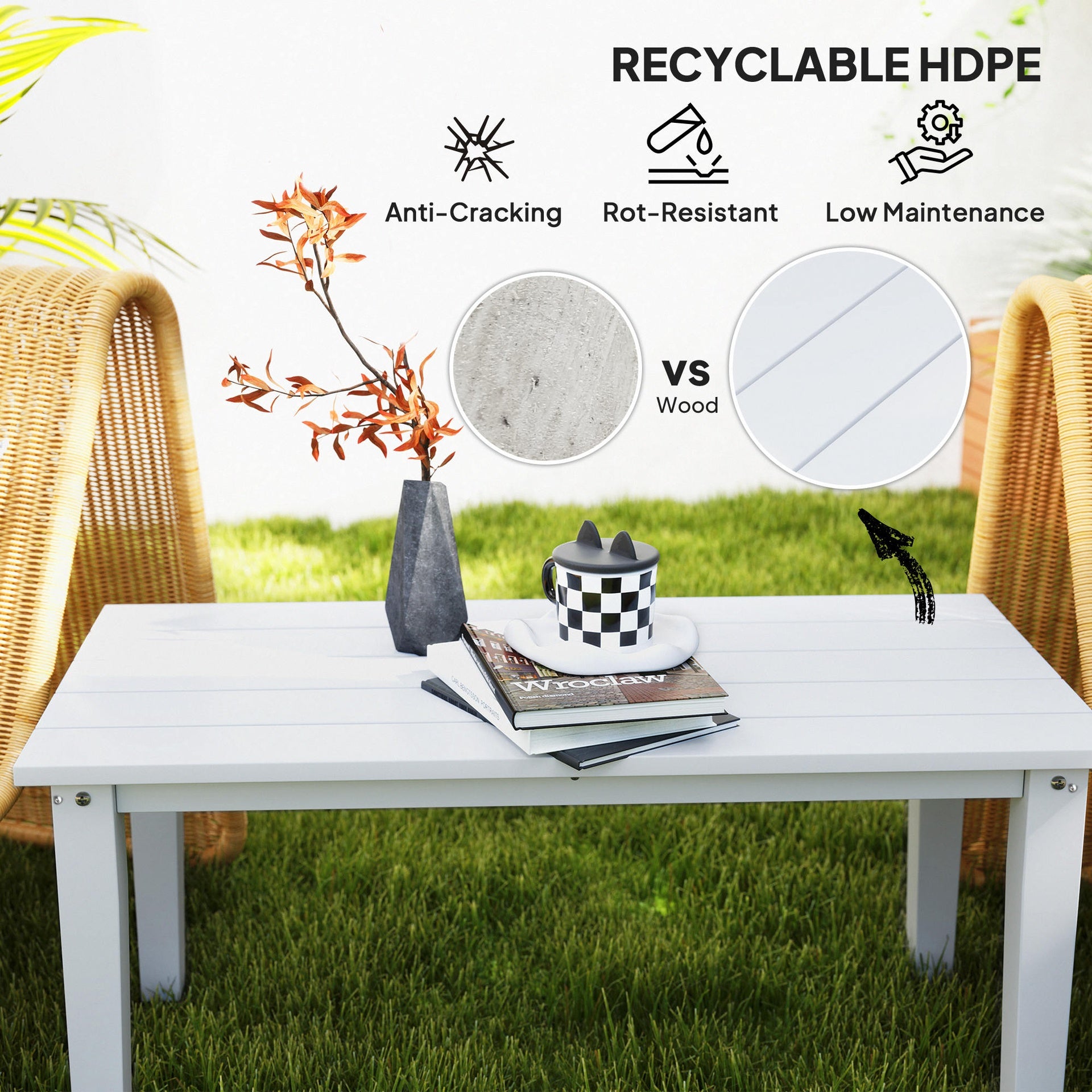 Outsunny Rectangle Outdoor Coffee Table, HDPE All-Weather Outdoor Patio Table with Slatted Tabletop for Yard, Balcony, White