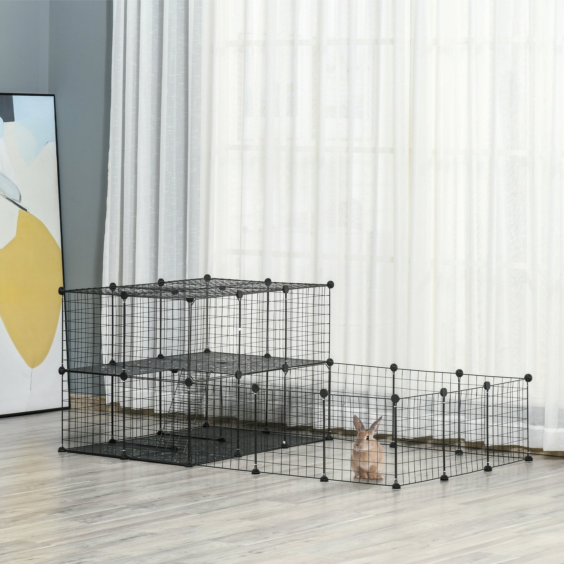 PawHut Pet Playpen with Door, Metal Mesh Cage with Mallet, Black