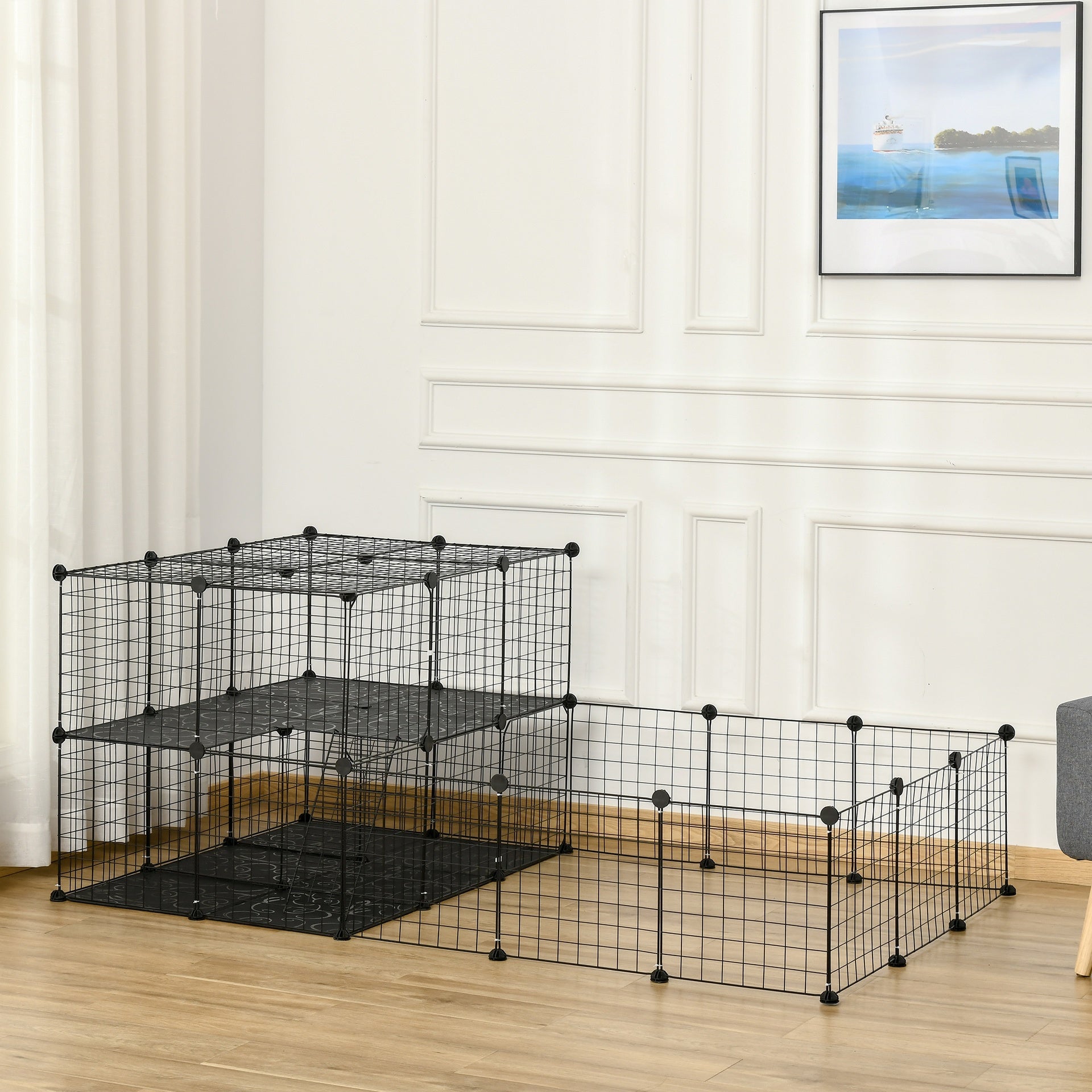 PawHut Pet Playpen with Door, Metal Mesh Cage with Mallet, Black