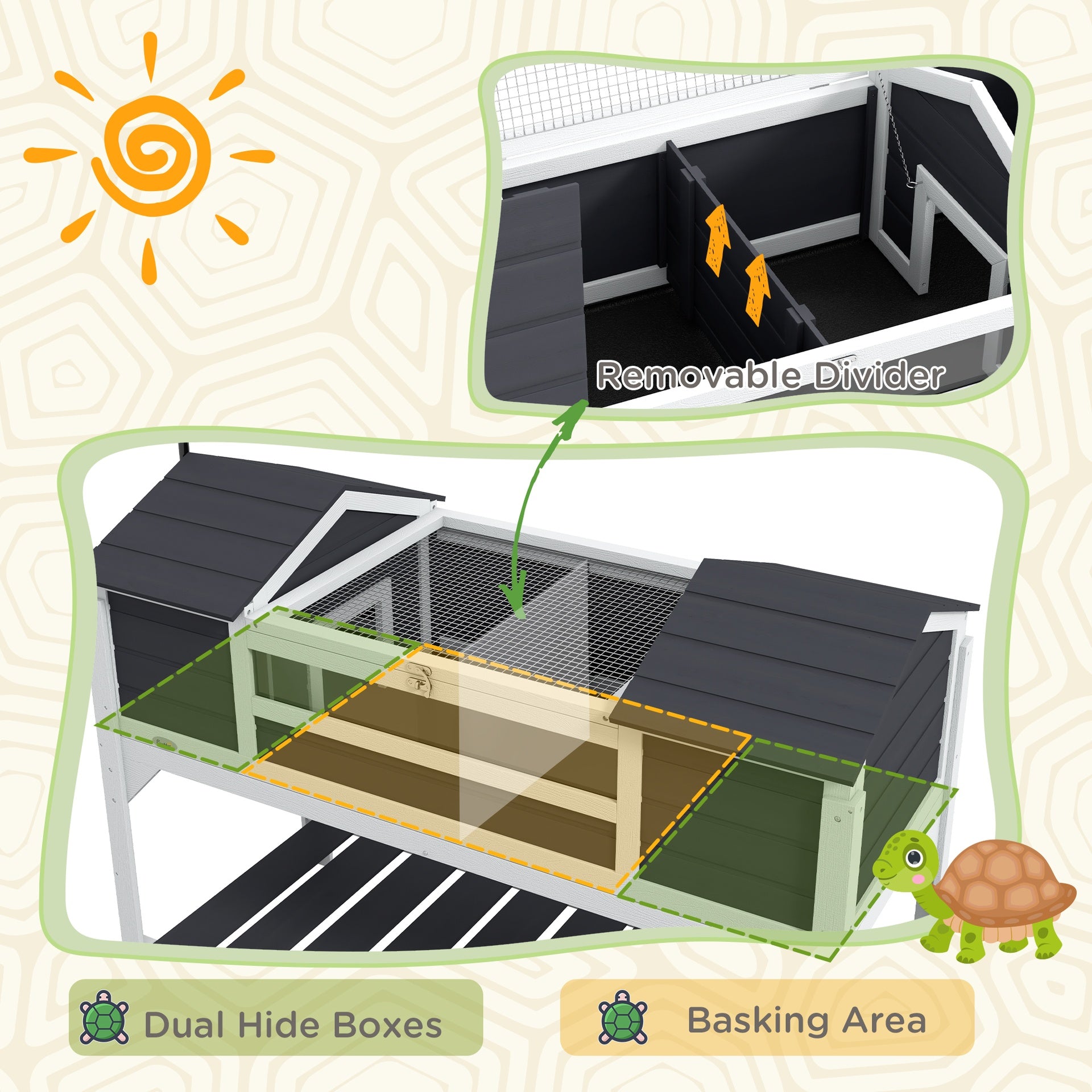 PawHut Tortoise Enclosure Tortoise House with Adjustable Lamp Holder Storage Shelf, Dual Main Houses, Openable Lid, Gray