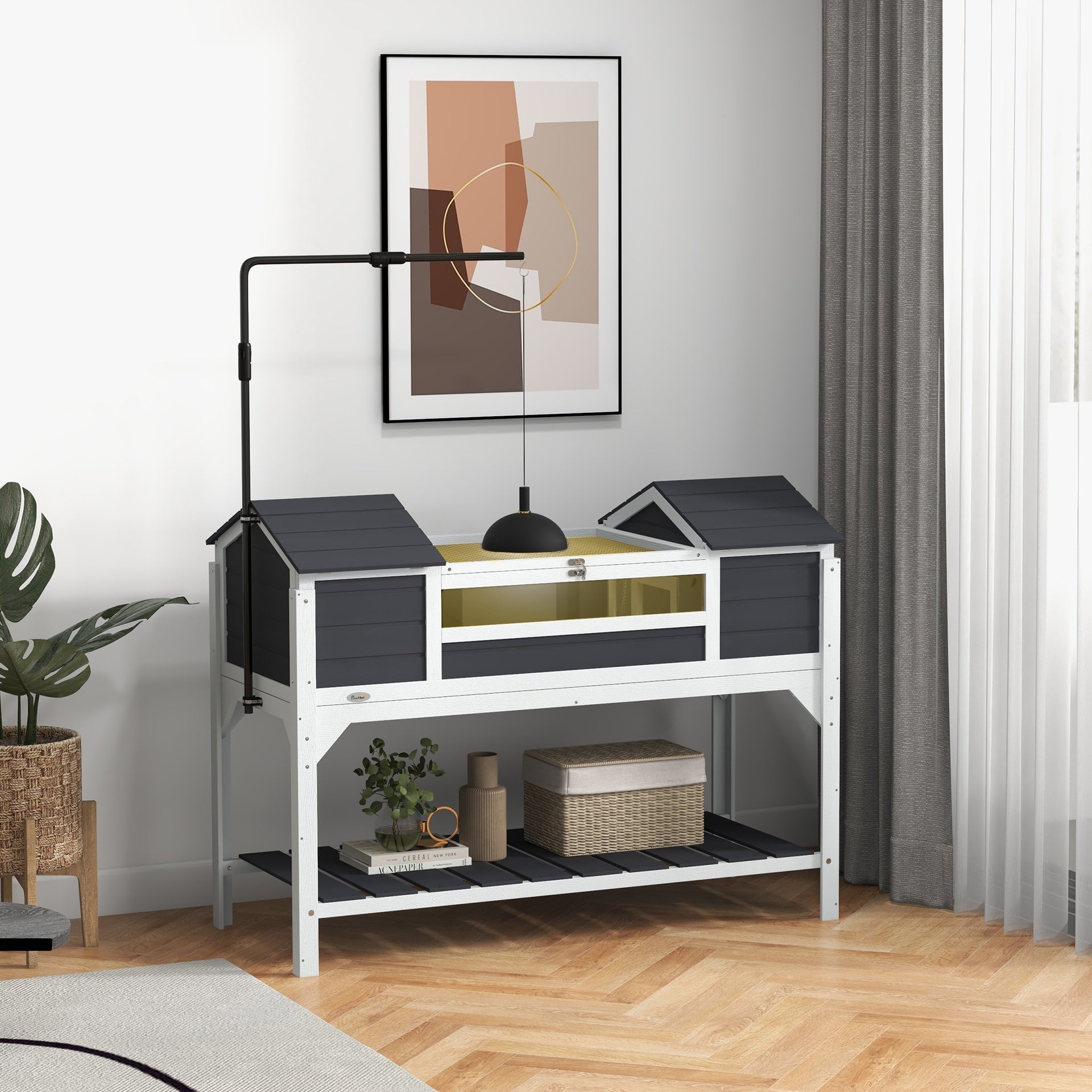 PawHut Tortoise Enclosure Tortoise House with Adjustable Lamp Holder Storage Shelf, Dual Main Houses, Openable Lid, Gray