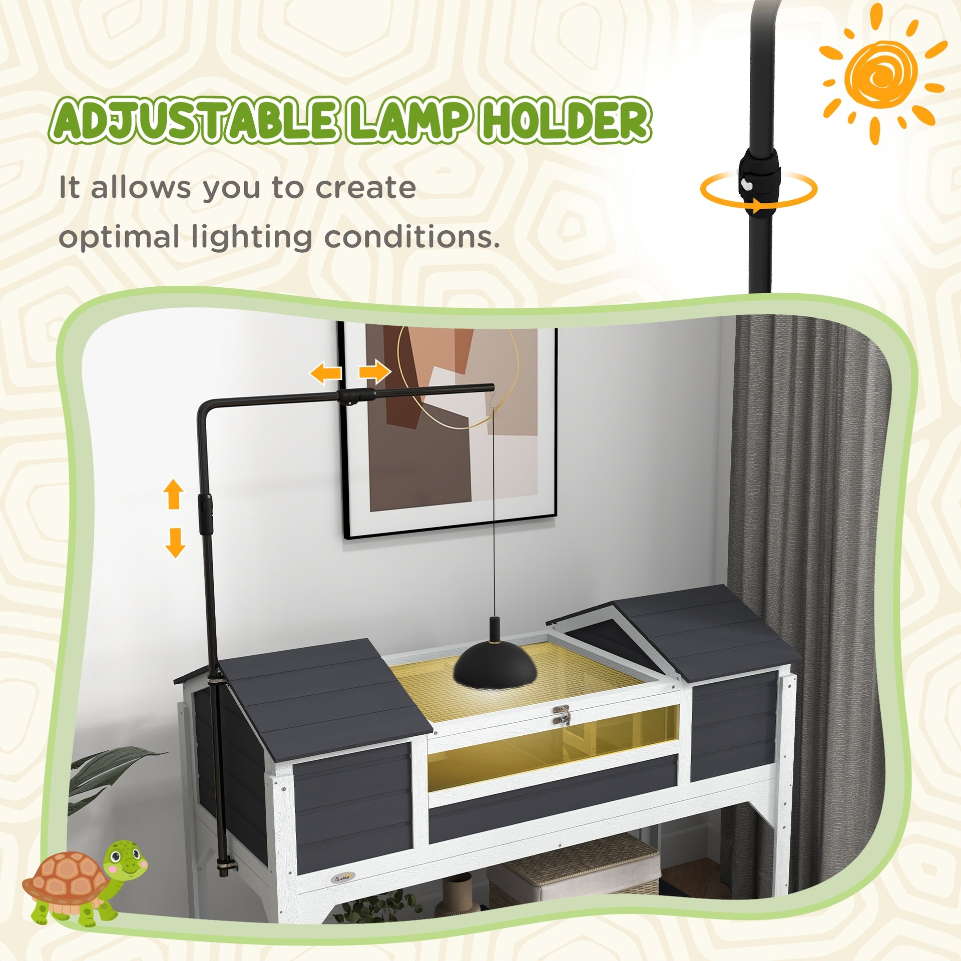 PawHut Tortoise Enclosure Tortoise House with Adjustable Lamp Holder Storage Shelf, Dual Main Houses, Openable Lid, Gray