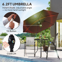 Outsunny 4 Piece Outdoor Bar Set with Umbrella, Patio Dining Set with 2 Folding Chairs, Wave Textured Tempered Glass Table for Backyard, Garden, Deck, Poolside, Beige