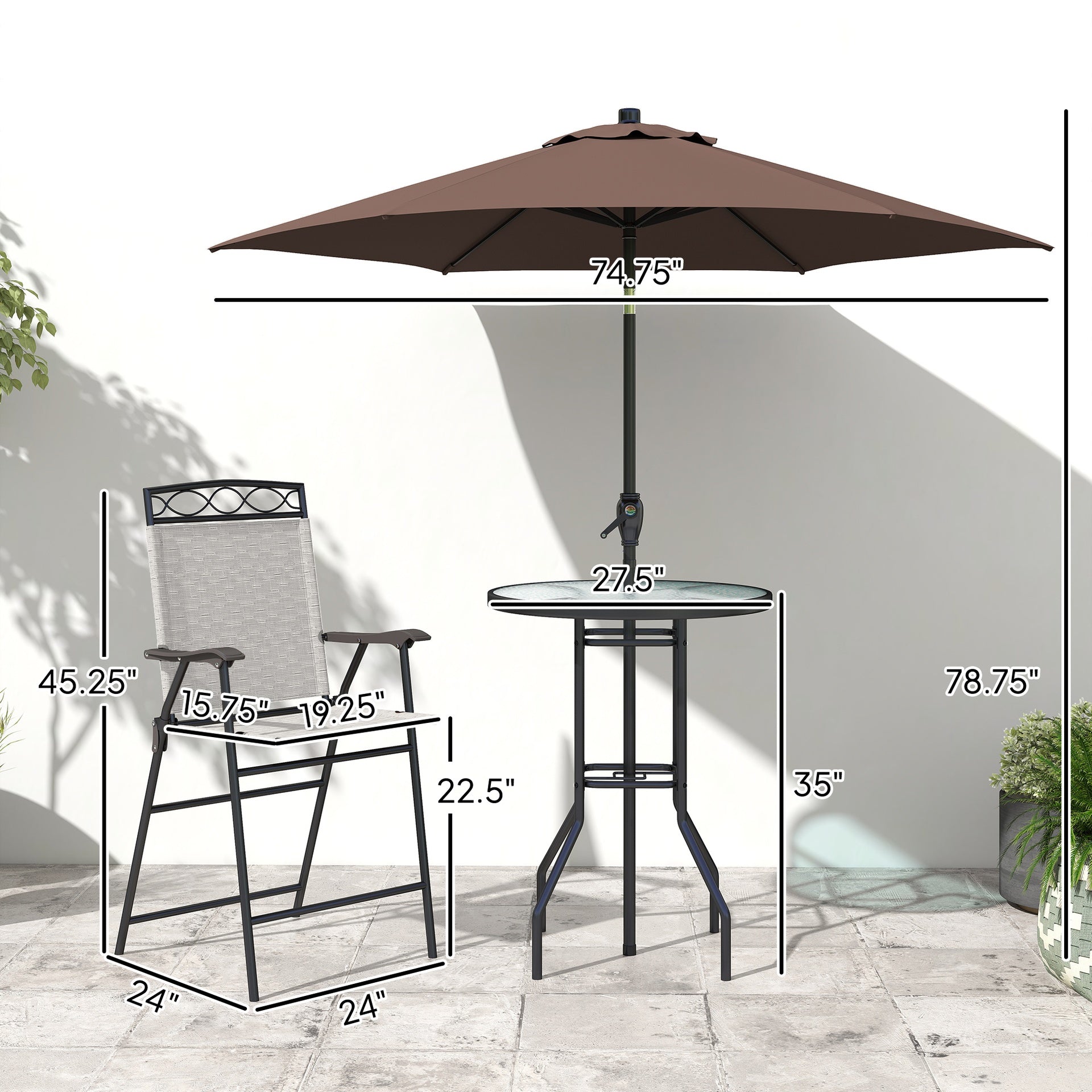 Outsunny 4 Piece Outdoor Bar Set with Umbrella, Patio Dining Set with 2 Folding Chairs, Wave Textured Tempered Glass Table for Backyard, Garden, Deck, Poolside, Beige