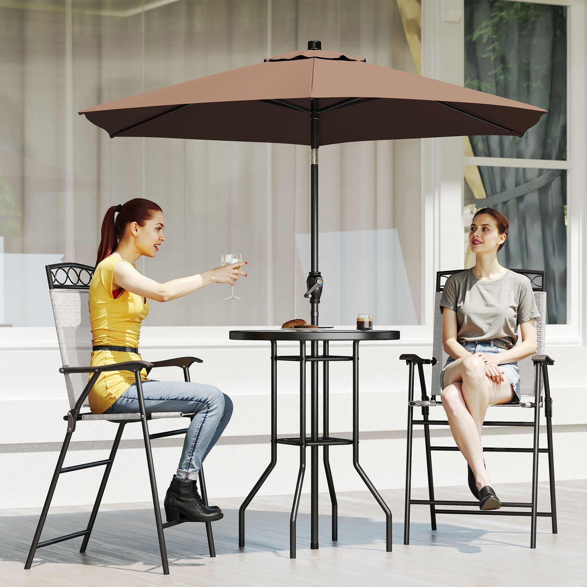 Outsunny 4 Piece Outdoor Bar Set with Umbrella, Patio Dining Set with 2 Folding Chairs, Wave Textured Tempered Glass Table for Backyard, Garden, Deck, Poolside, Beige