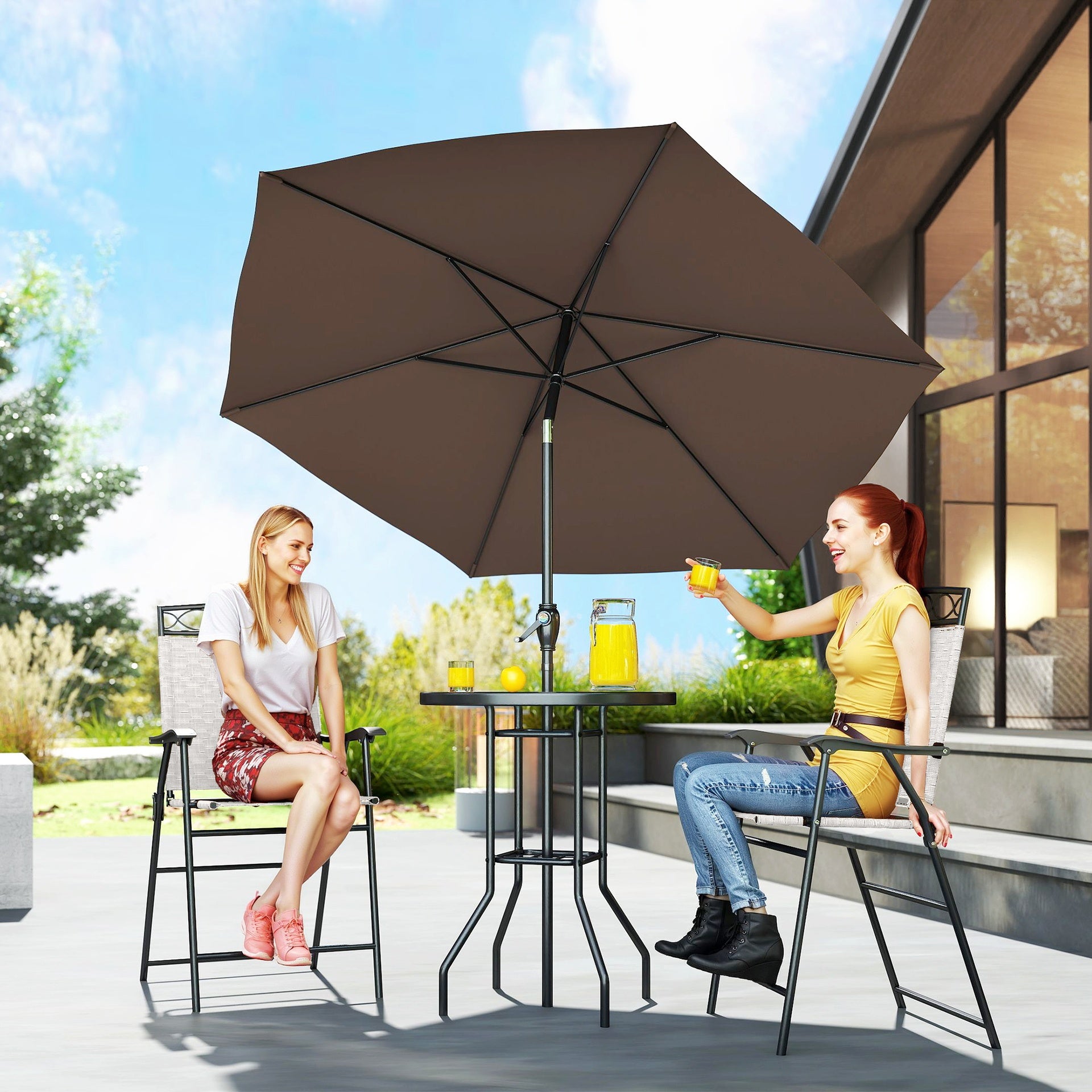 Outsunny 4 Piece Outdoor Bar Set with Umbrella, Patio Dining Set with 2 Folding Chairs, Wave Textured Tempered Glass Table for Backyard, Garden, Deck, Poolside, Beige