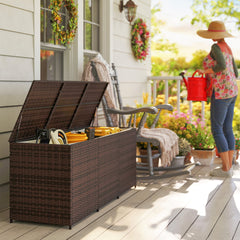 Outsunny 175 Gallon Outdoor Storage Box with Inner Liner, PE Rattan Wicker Deck Box with Pneumatic Bar Lift, Mixed Brown