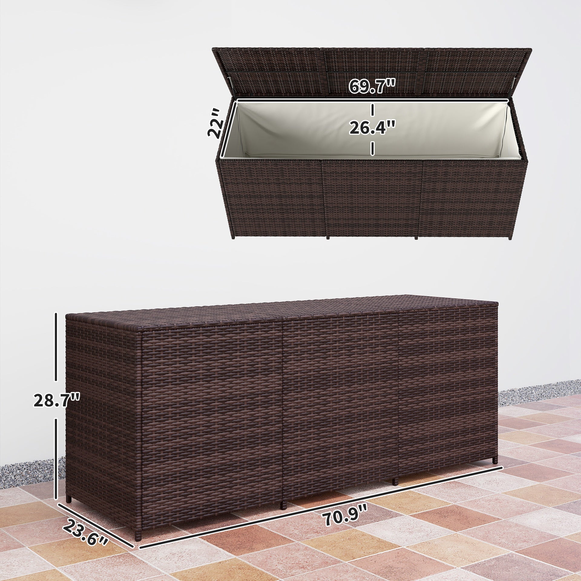 Outsunny 175 Gallon Outdoor Storage Box with Inner Liner, PE Rattan Wicker Deck Box with Pneumatic Bar Lift, Mixed Brown