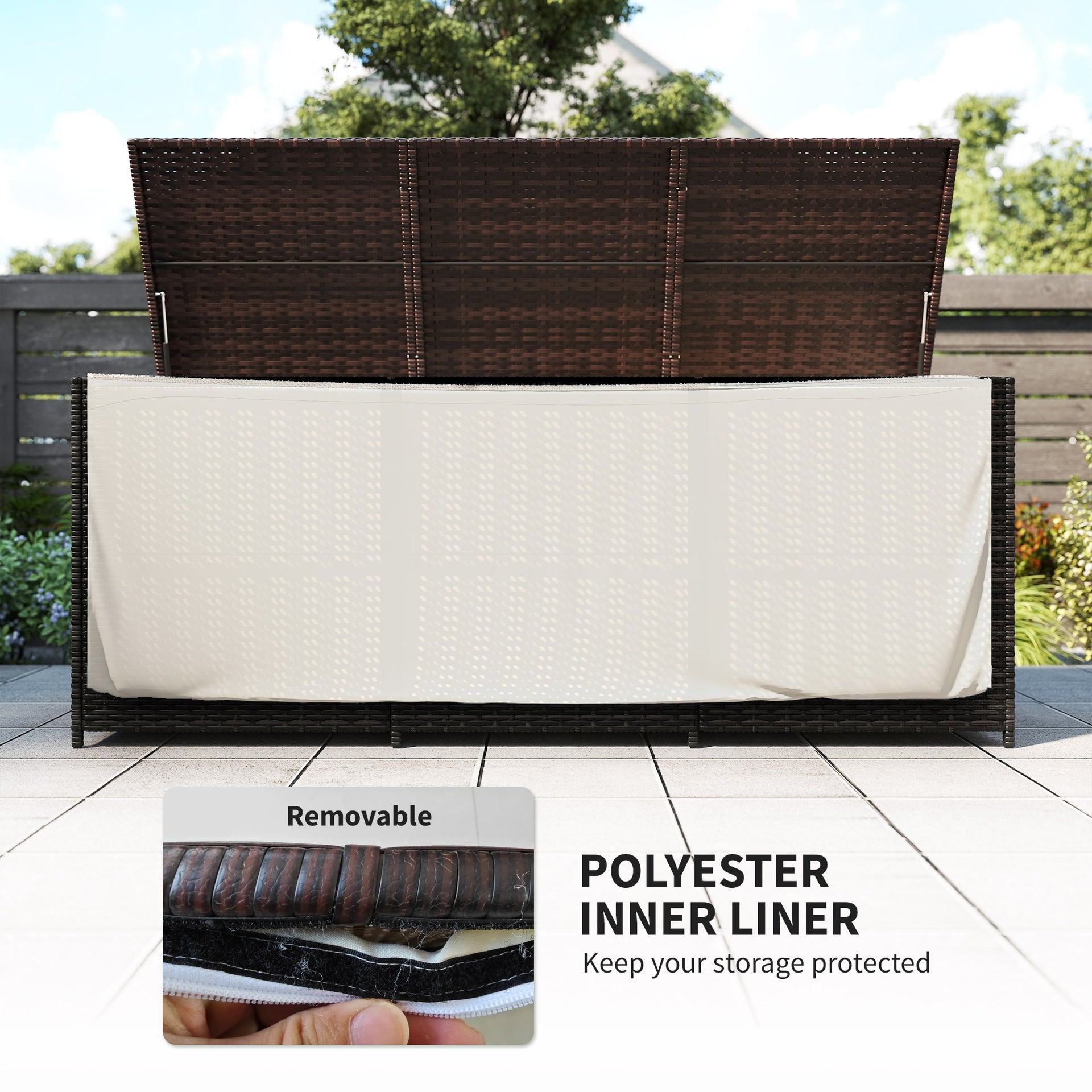 Outsunny 175 Gallon Outdoor Storage Box with Inner Liner, PE Rattan Wicker Deck Box with Pneumatic Bar Lift, Mixed Brown