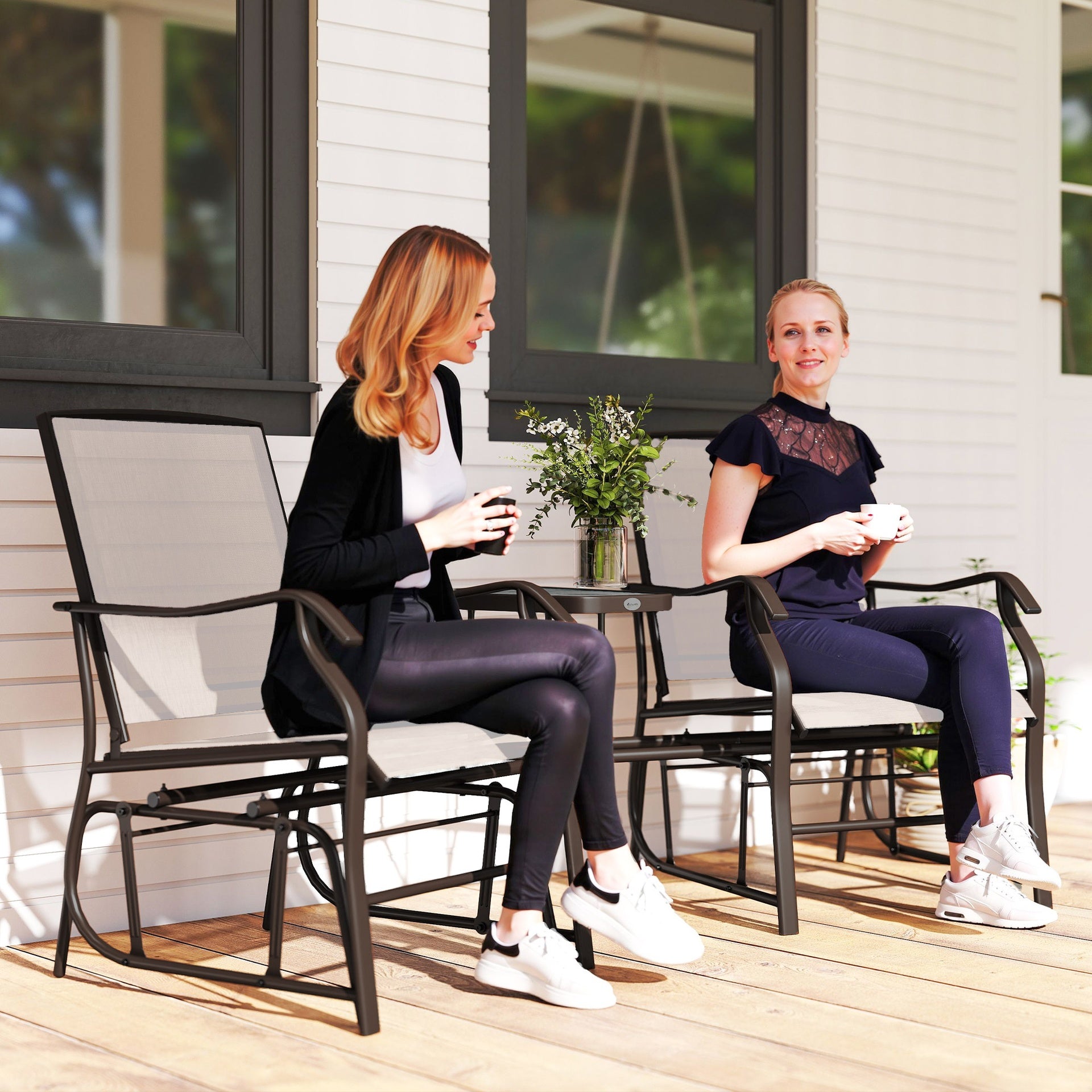 Outsunny Outdoor Glider Chairs with Coffee Table, Patio 2-Seat Rocking Chair Swing Loveseat with Breathable Sling for Backyard, Garden, and Porch, Beige