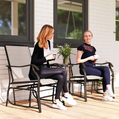 Outsunny Outdoor Glider Chairs with Coffee Table, Patio 2-Seat Rocking Chair Swing Loveseat with Breathable Sling for Backyard, Garden, and Porch, Beige