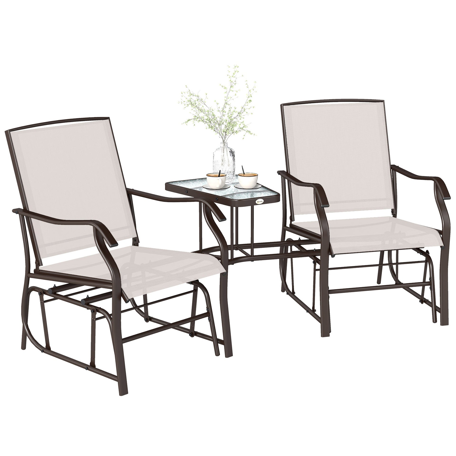 Outsunny Outdoor Glider Chairs with Coffee Table, Patio 2-Seat Rocking Chair Swing Loveseat with Breathable Sling for Backyard, Garden, and Porch, Beige