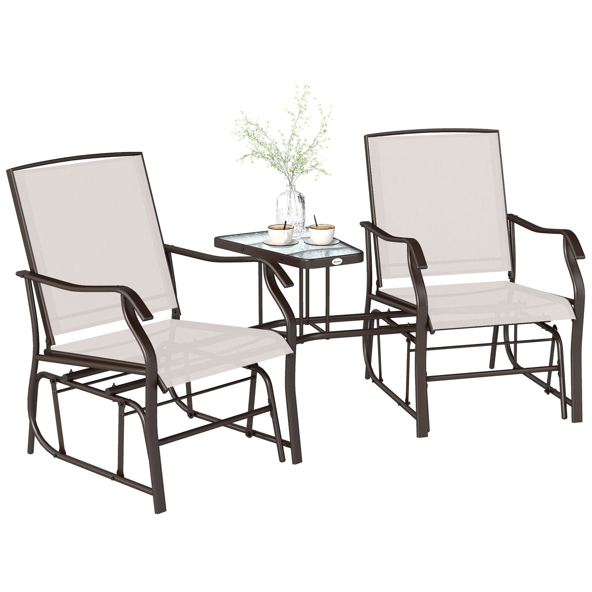 Outsunny Outdoor Glider Chairs with Coffee Table, Patio 2-Seat Rocking Chair Swing Loveseat with Breathable Sling for Backyard, Garden, and Porch, Beige