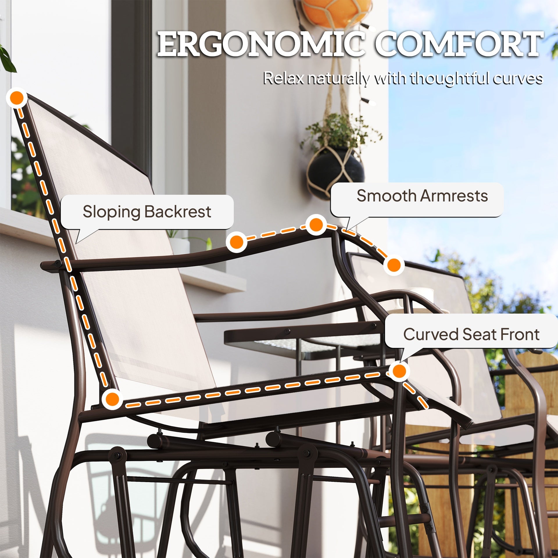 Outsunny Outdoor Glider Chairs with Coffee Table, Patio 2-Seat Rocking Chair Swing Loveseat with Breathable Sling for Backyard, Garden, and Porch, Beige