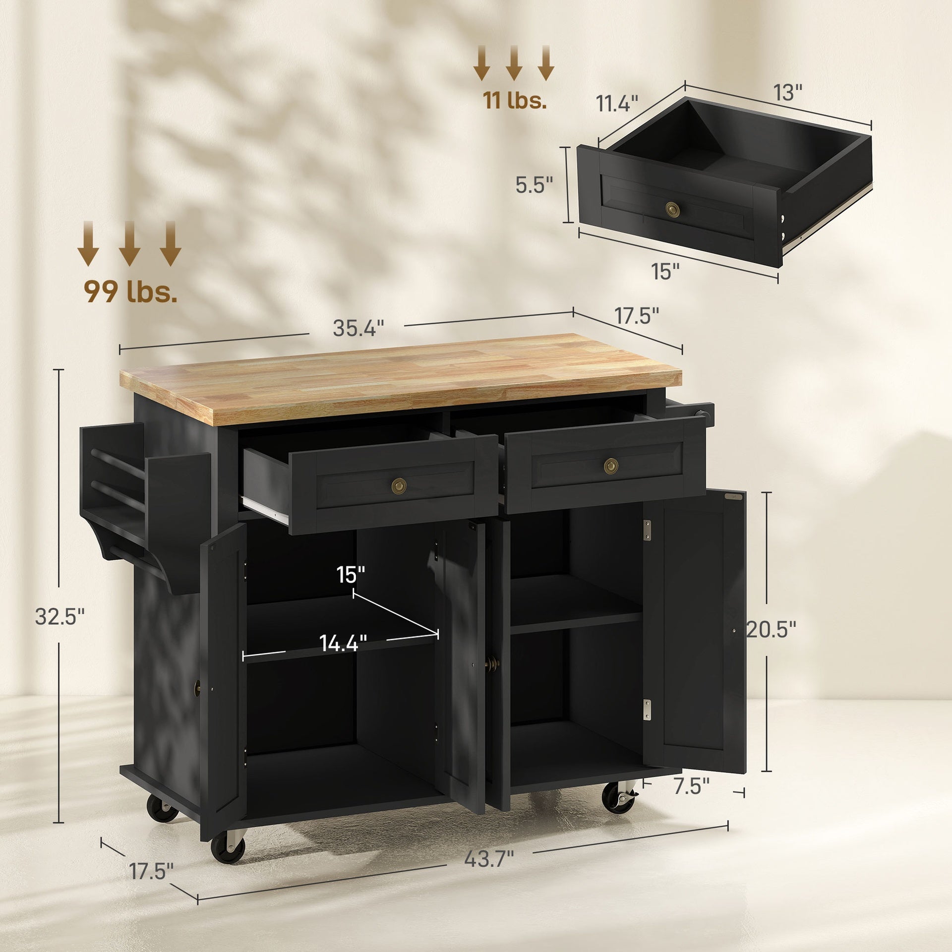 HOMCOM 44" Mobile Kitchen Island Table, Kitchen Island Cart on Wheels with Storage Cabinets, 2 Drawers, Black